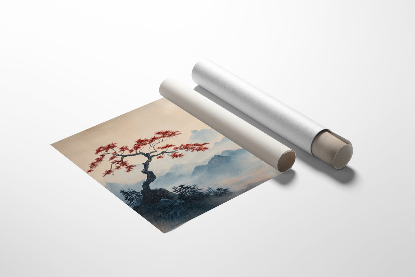Japanese Landscape Wall Art – Red Sun and Bonsai Mountain Print