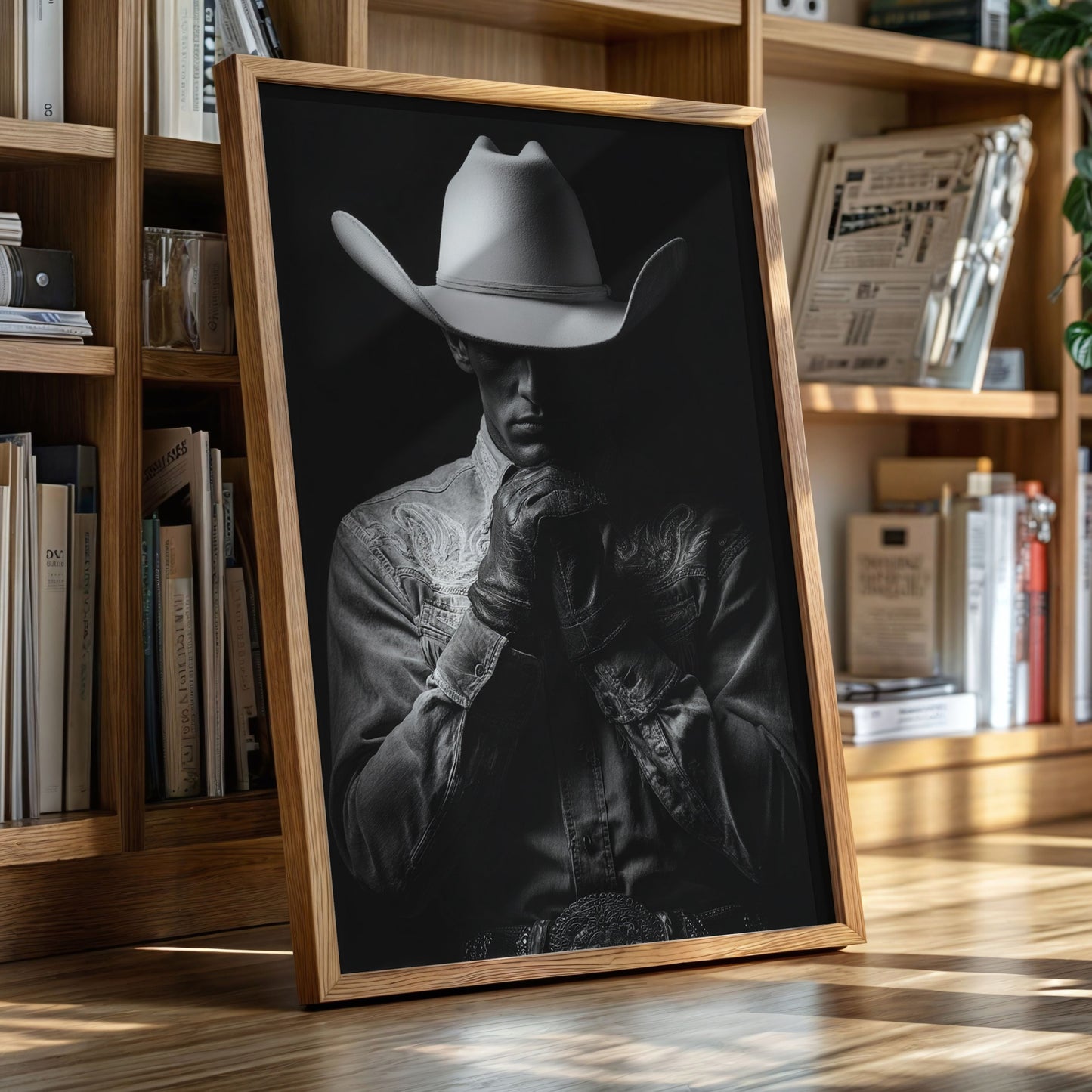Framed black and white portrait of a person wearing a cowboy hat in front of a bookshelf.