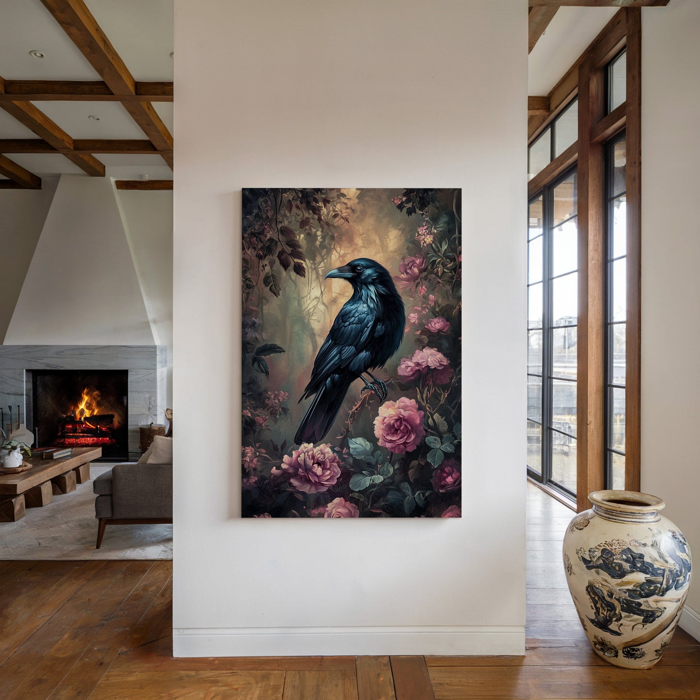 Midnight Raven: Gothic Floral Canvas Wall Art