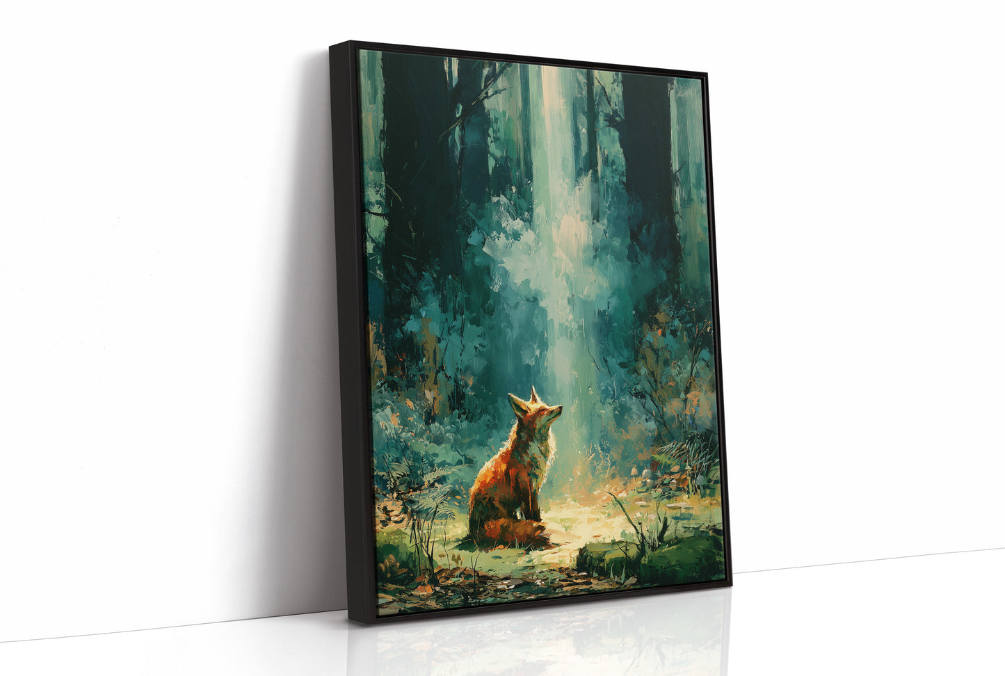 Fox in the Cathedral Light — Emerald Forest Oil Painting