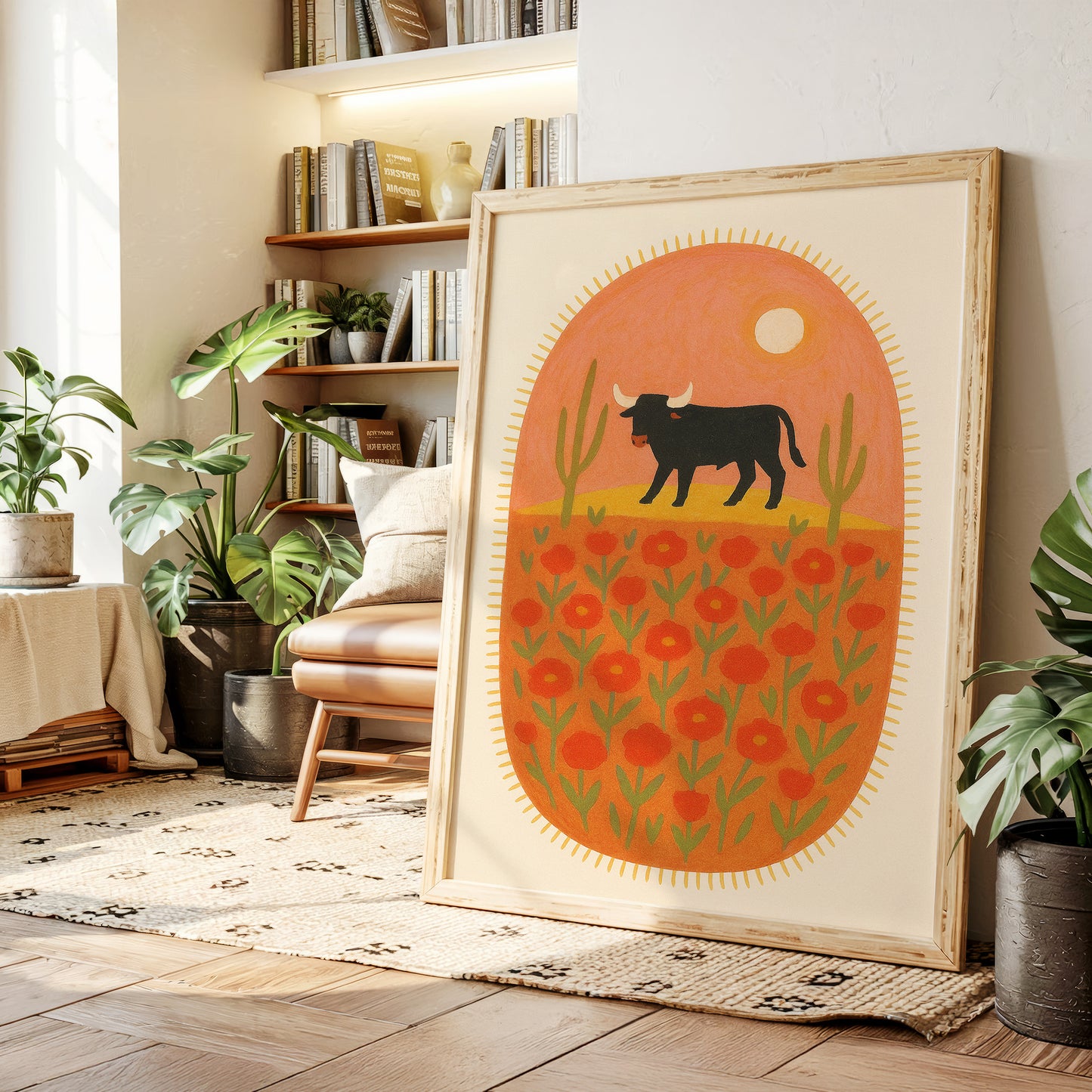 Desert Bloom with Bull at Sunset