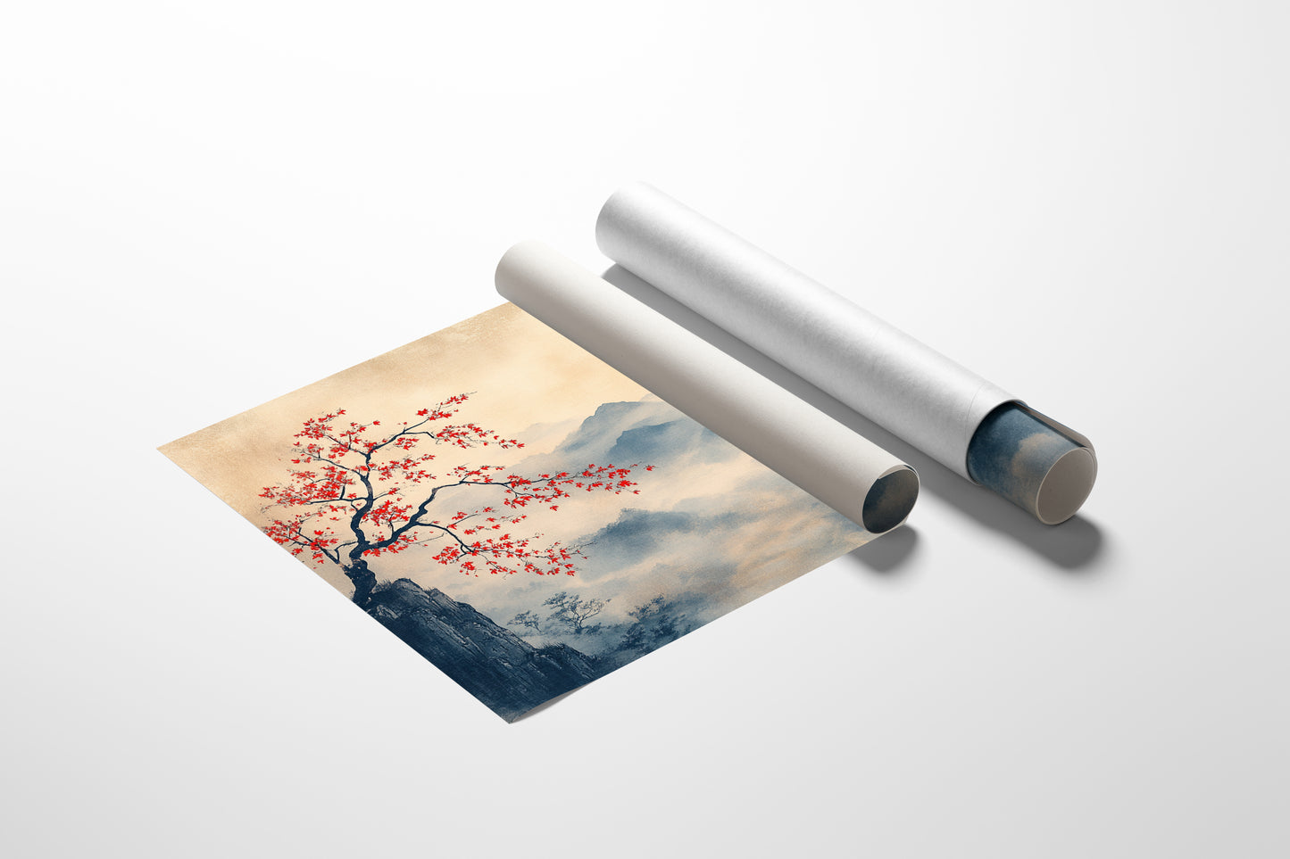 Japanese Red Sun & Misty Mountain Wall Art – Zen Ink Wash Landscape