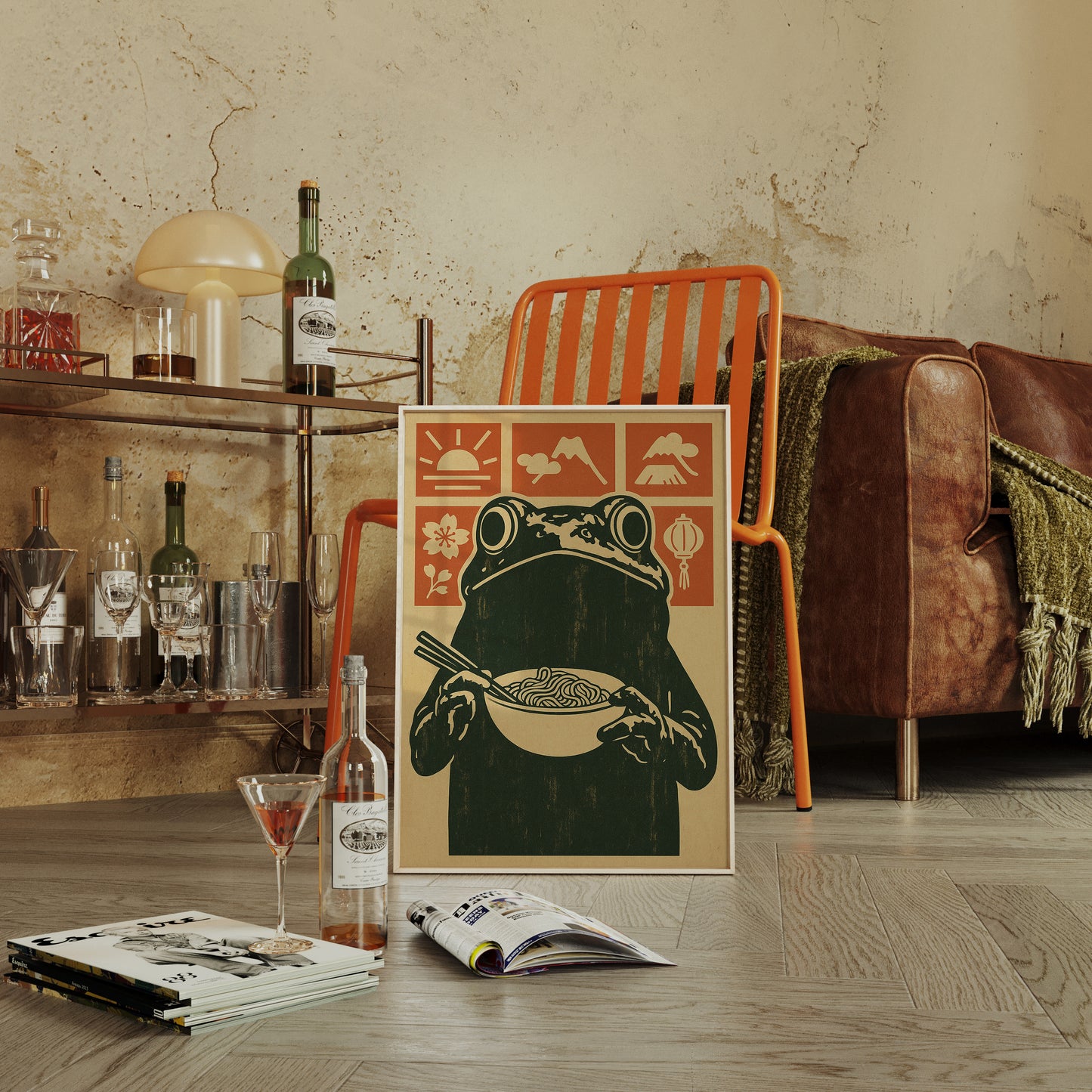 Ramen Frog in Retro Woodblock Style