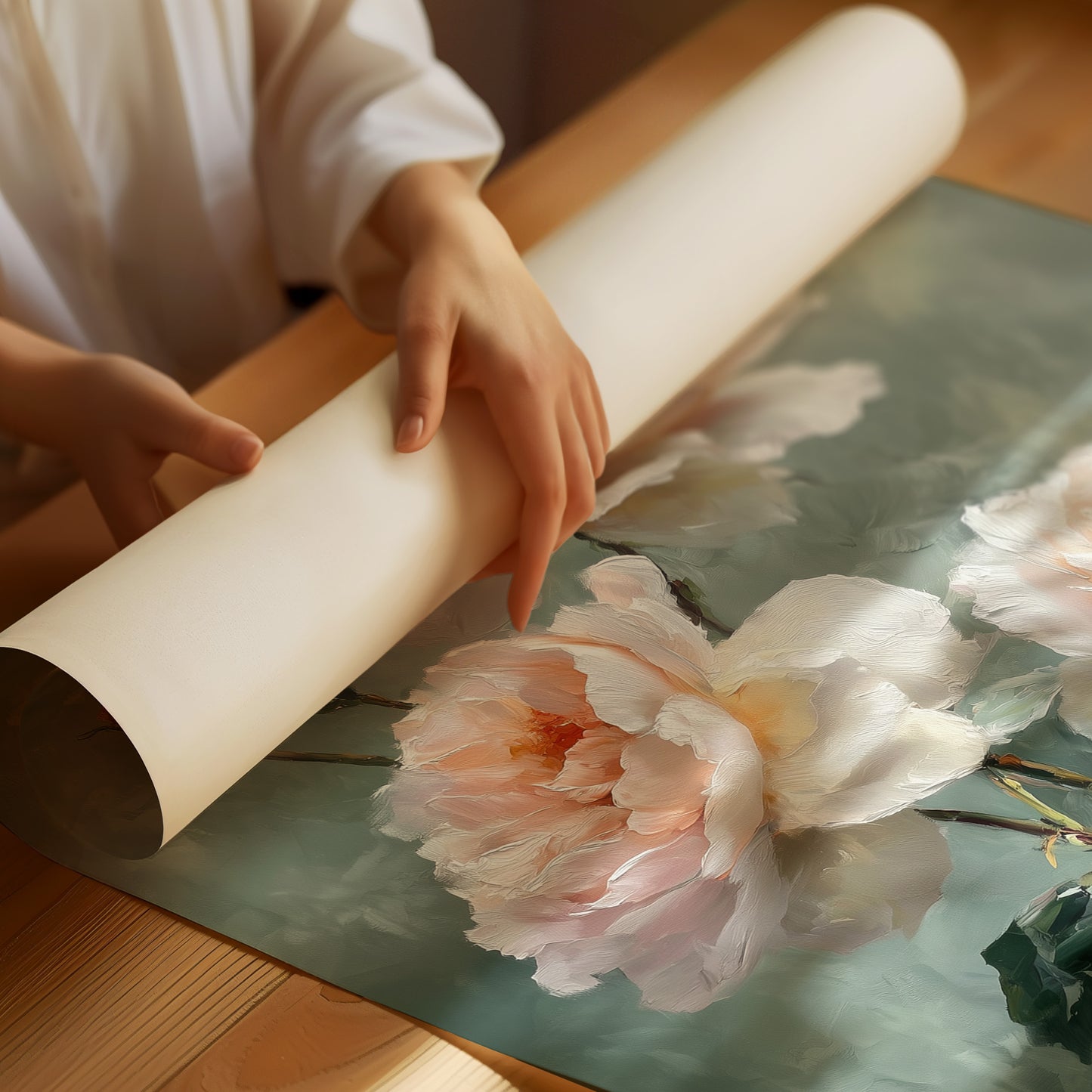 Blush Peonies Against Sage Memory