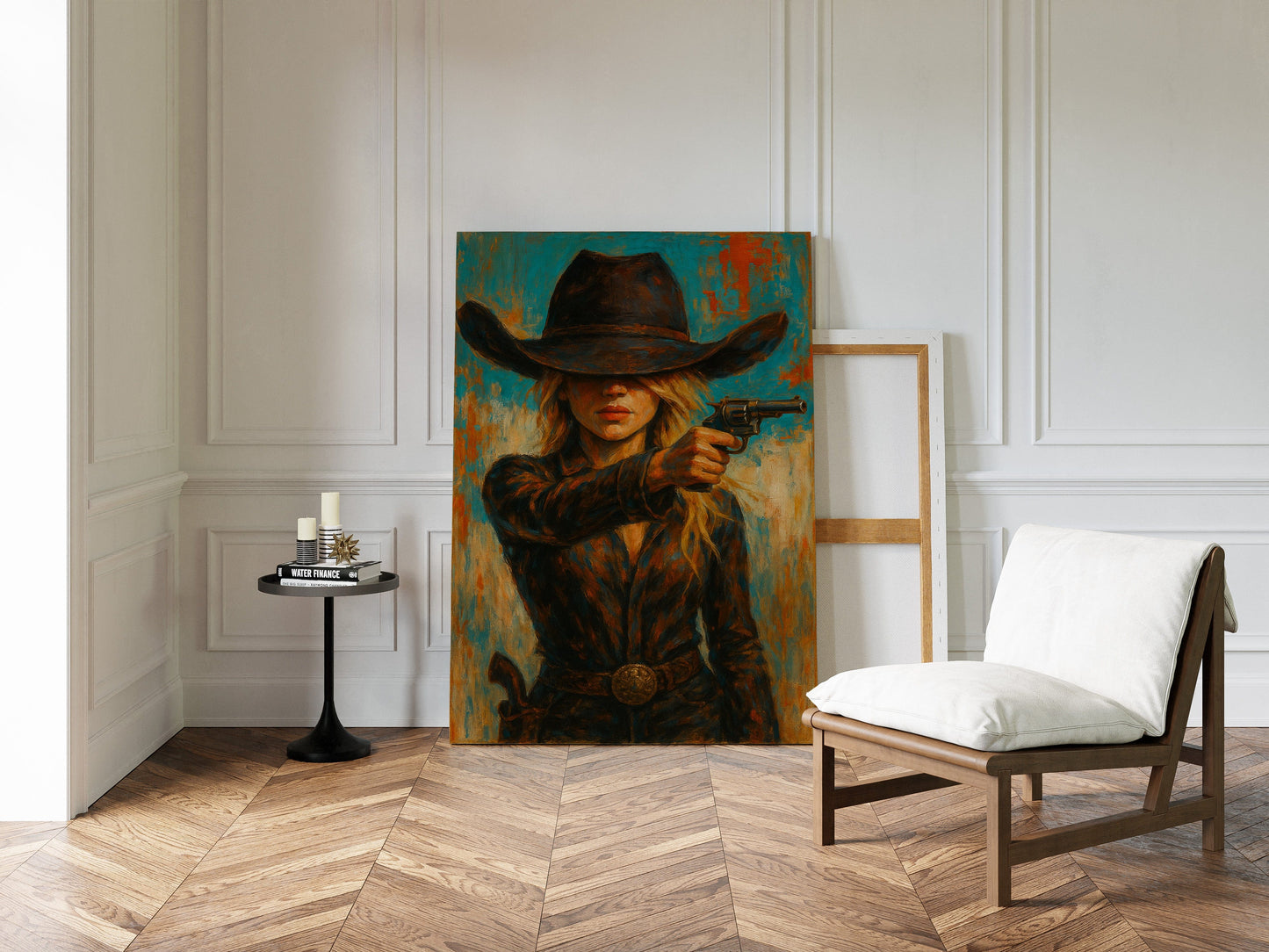 Western Grit: Cowgirl With Revolver Canvas Art
