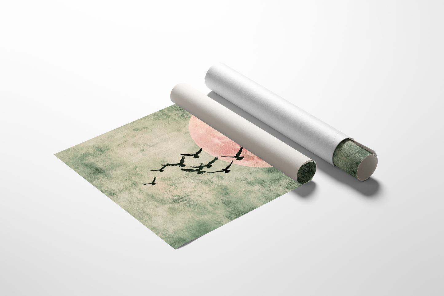 Pink Moon Wall Art – Minimalist Birds in Flight Print