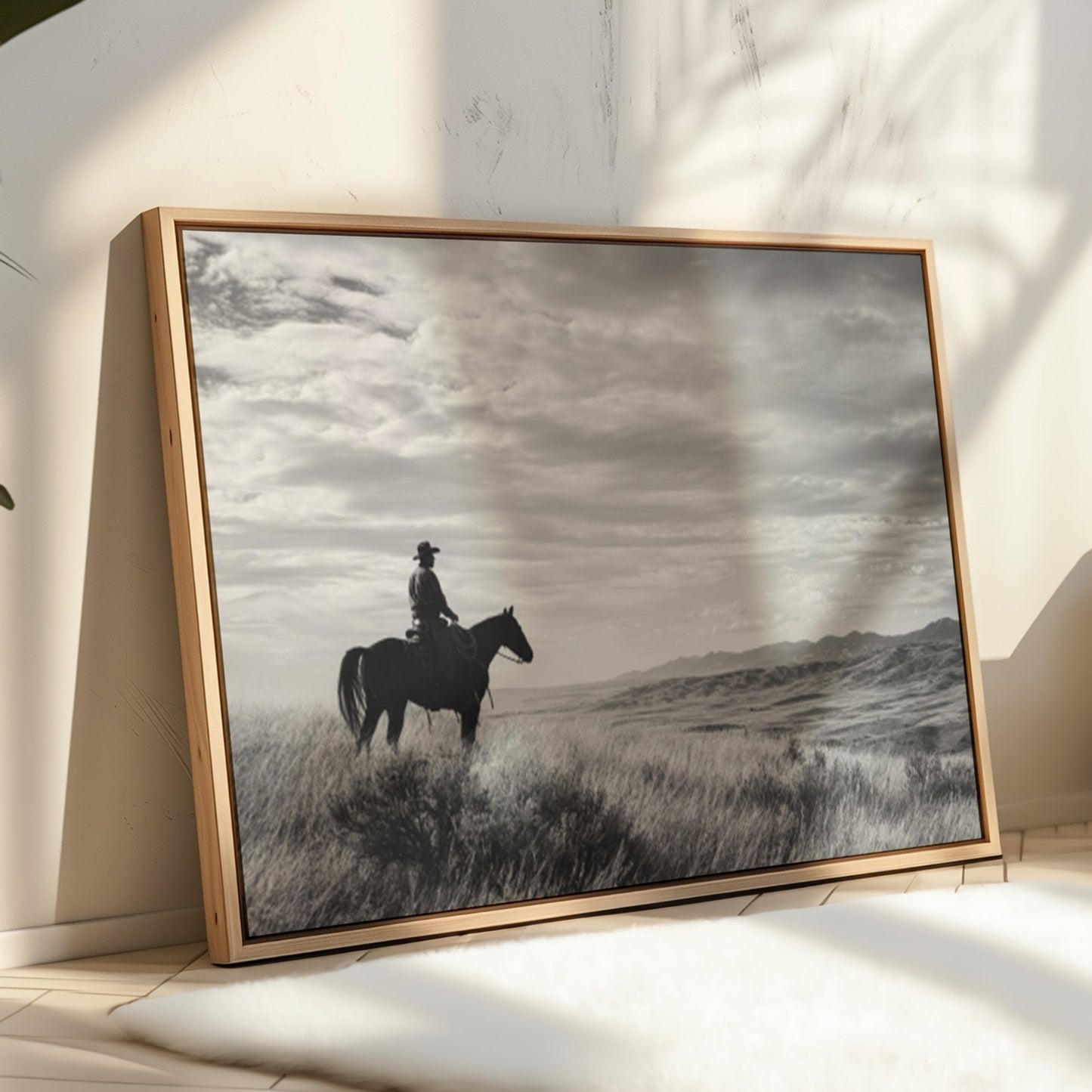 Framed black and white artwork of a person on horseback against a cloudy sky, displayed in a room with natural light.