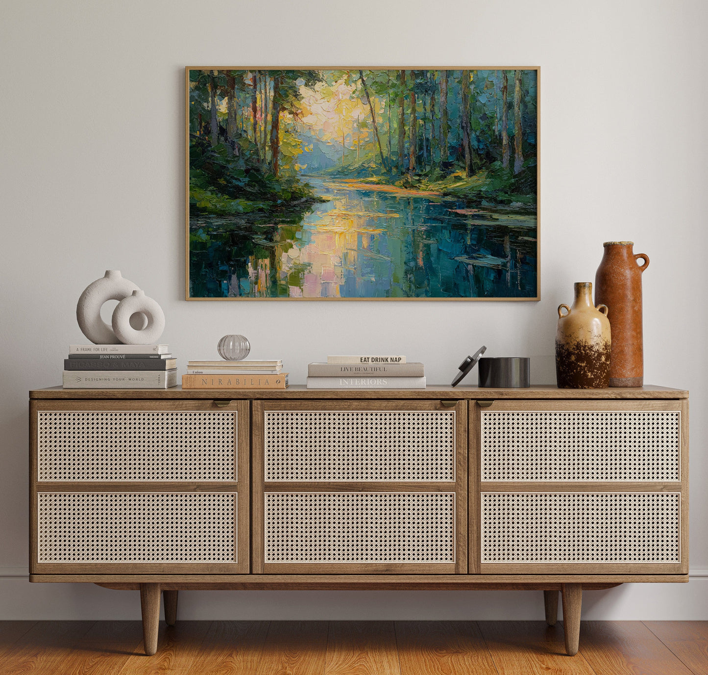 Sunlit Waters Between Tall Pines