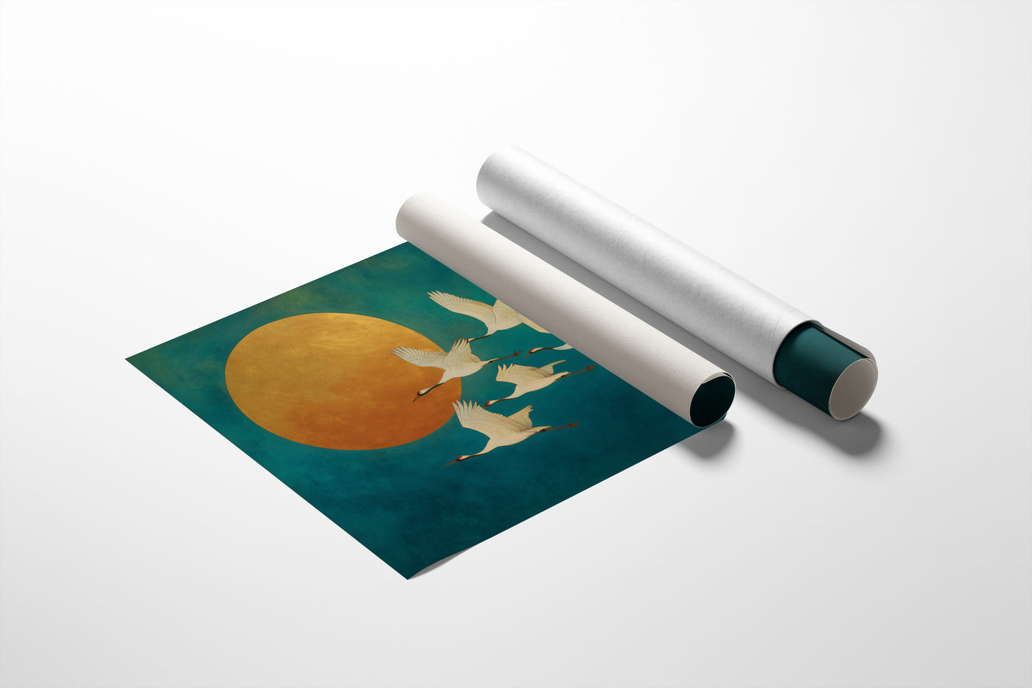 Cranes Dance Against Golden Moon