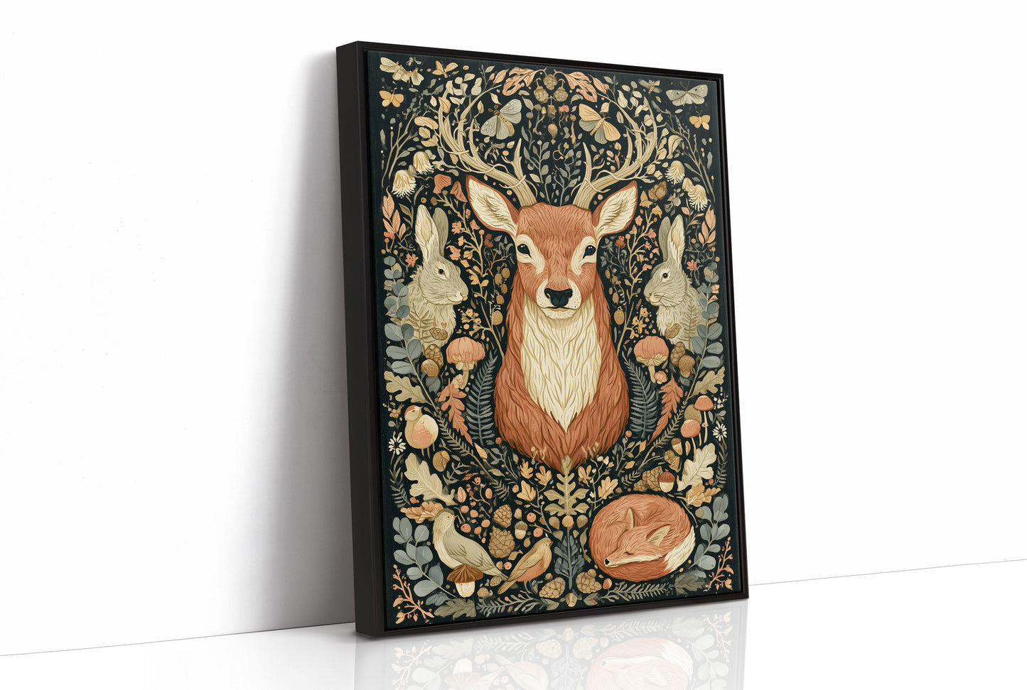 Woodland Tapestry — Dark Folk Art Deer and Forest Creatures