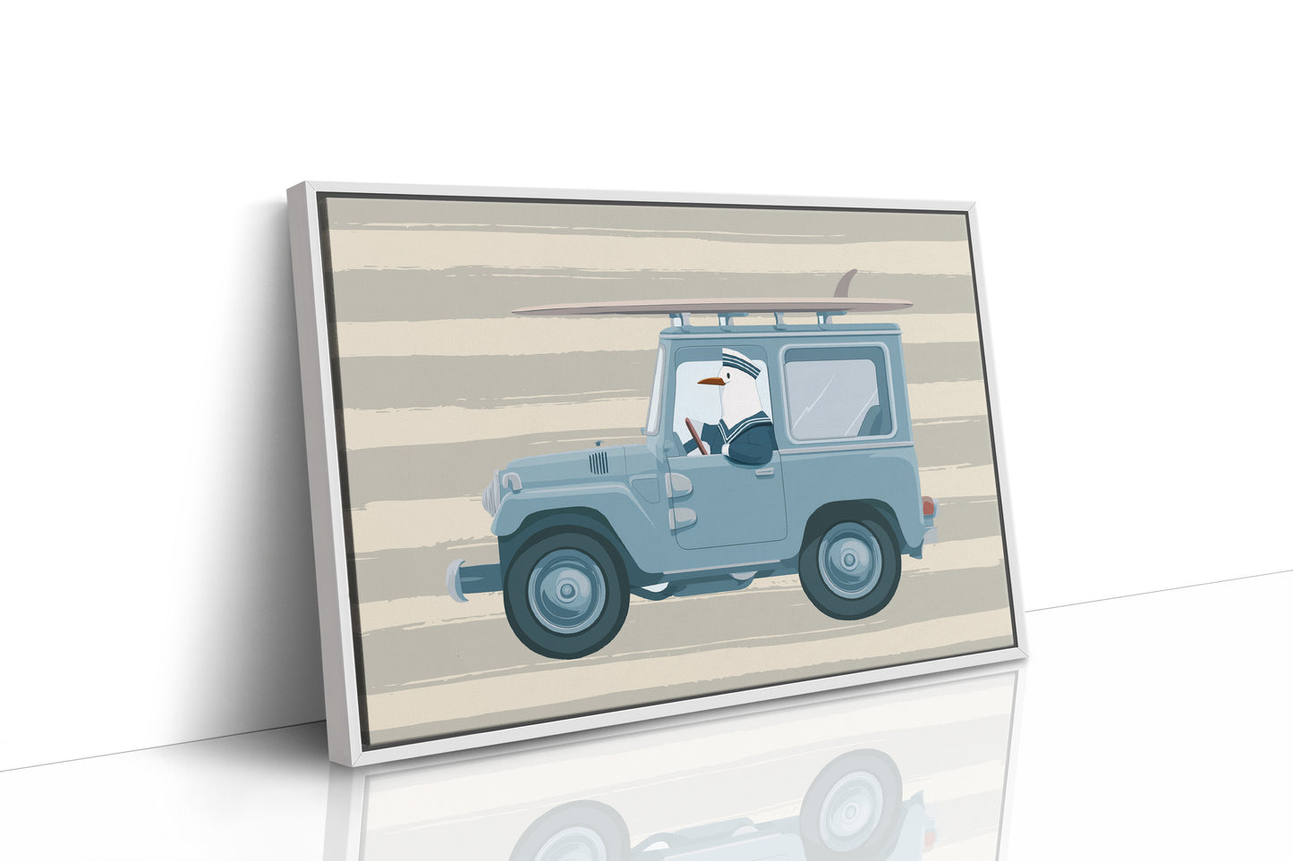 Surfing Seagull Canvas Art | Coastal Bird Driving Jeep with Surfboard Print for Beach House, Kids Room or Nautical Décor