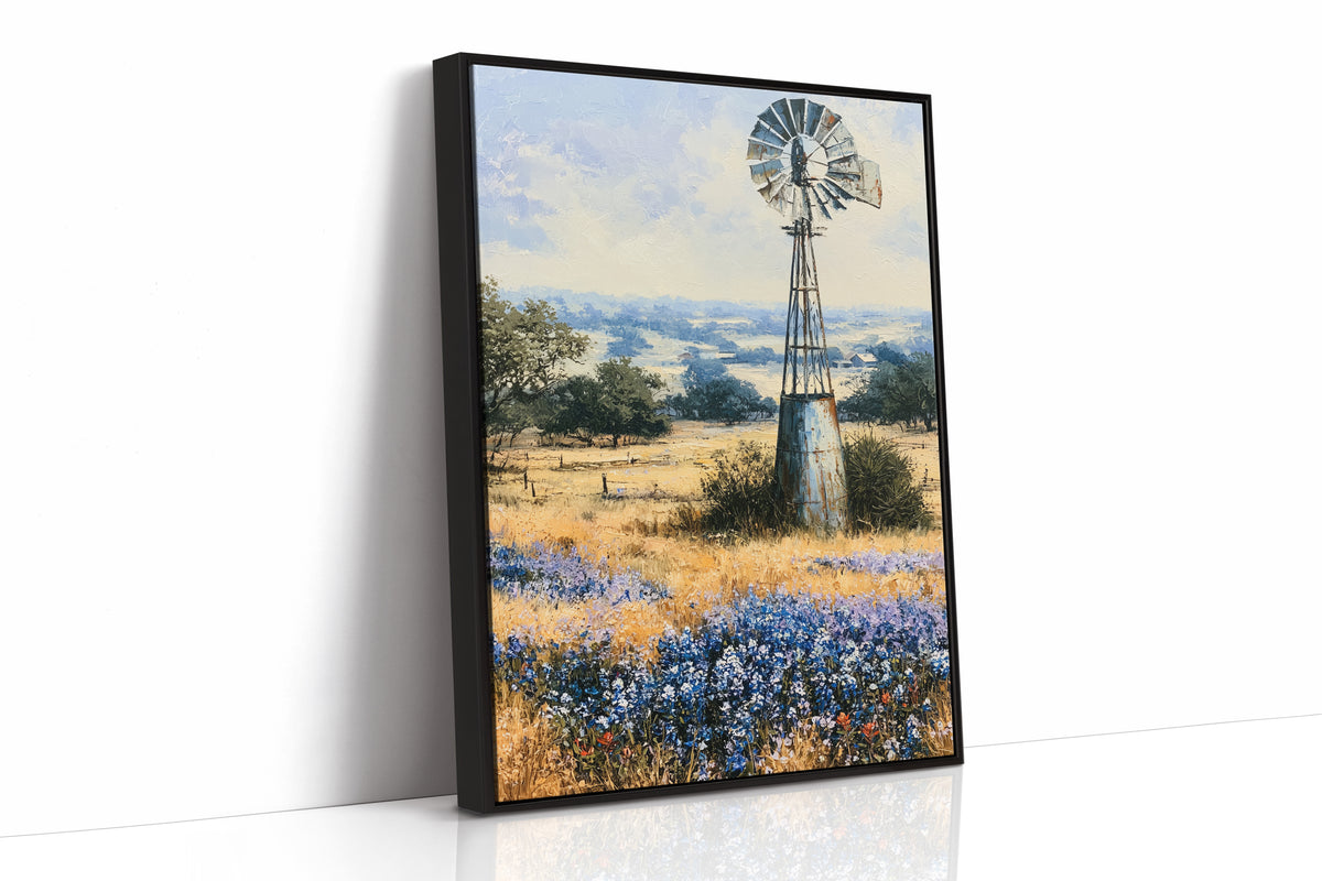Windmill and Bluebonnets — Midday Hill Country Oil Print