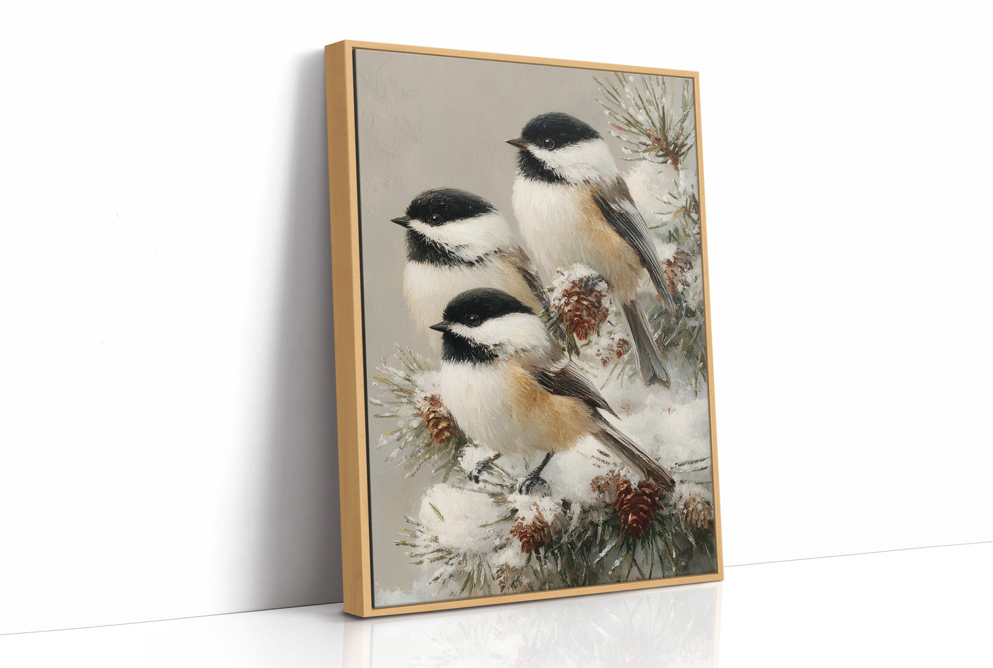 Chickadees on Frosted Pine