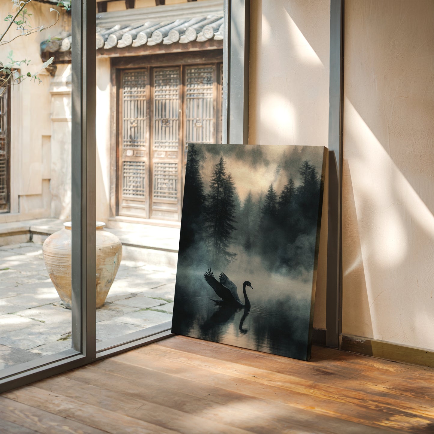 Black Swan in the Forest Mist