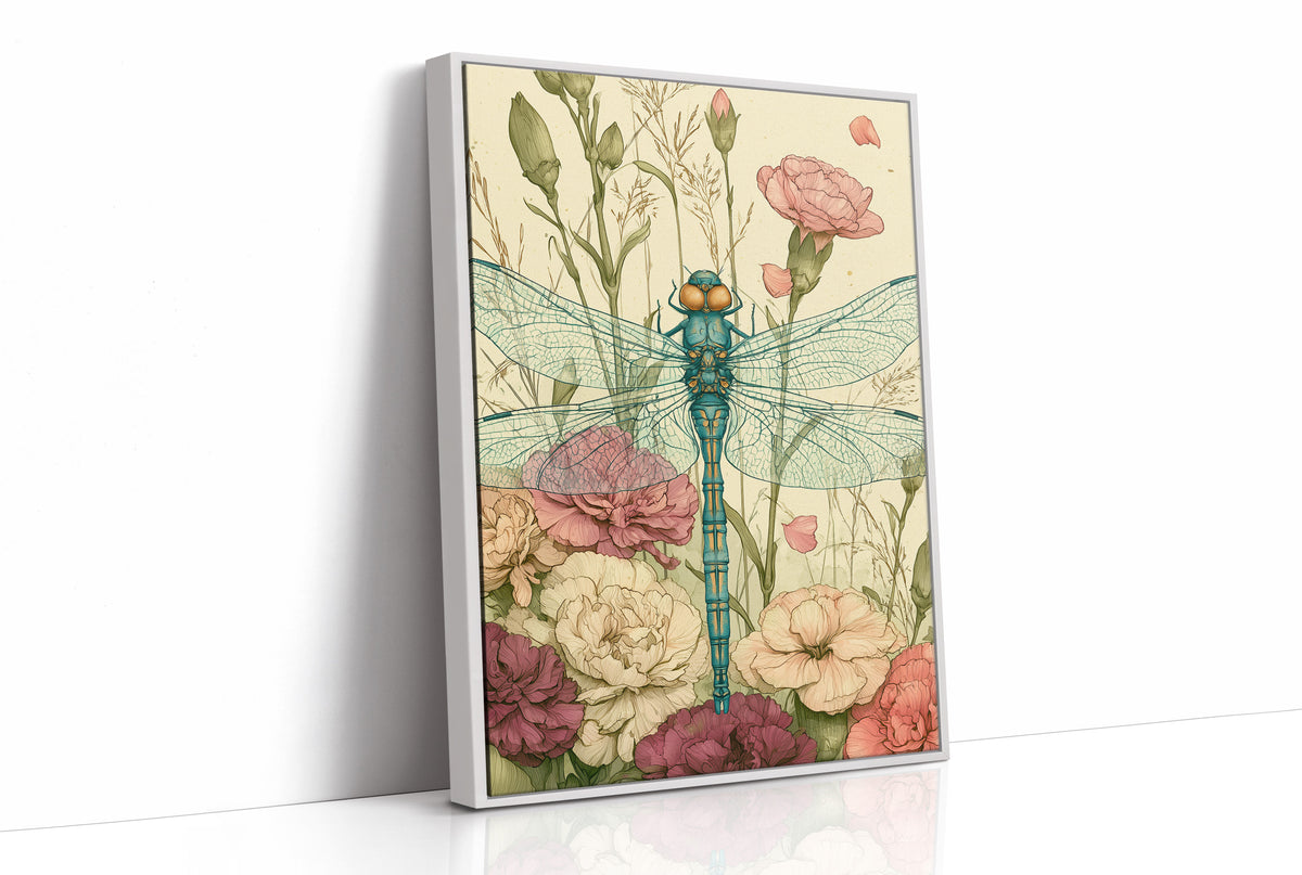 Dragonfly Among Carnations — Garden Bed Botanical Print