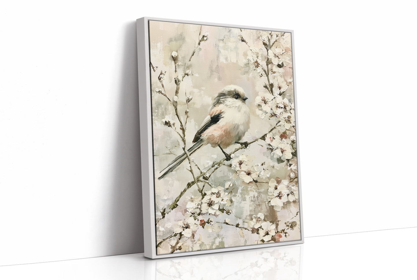 Long-Tailed Tit in Cherry Blossoms — Impasto Bird Painting