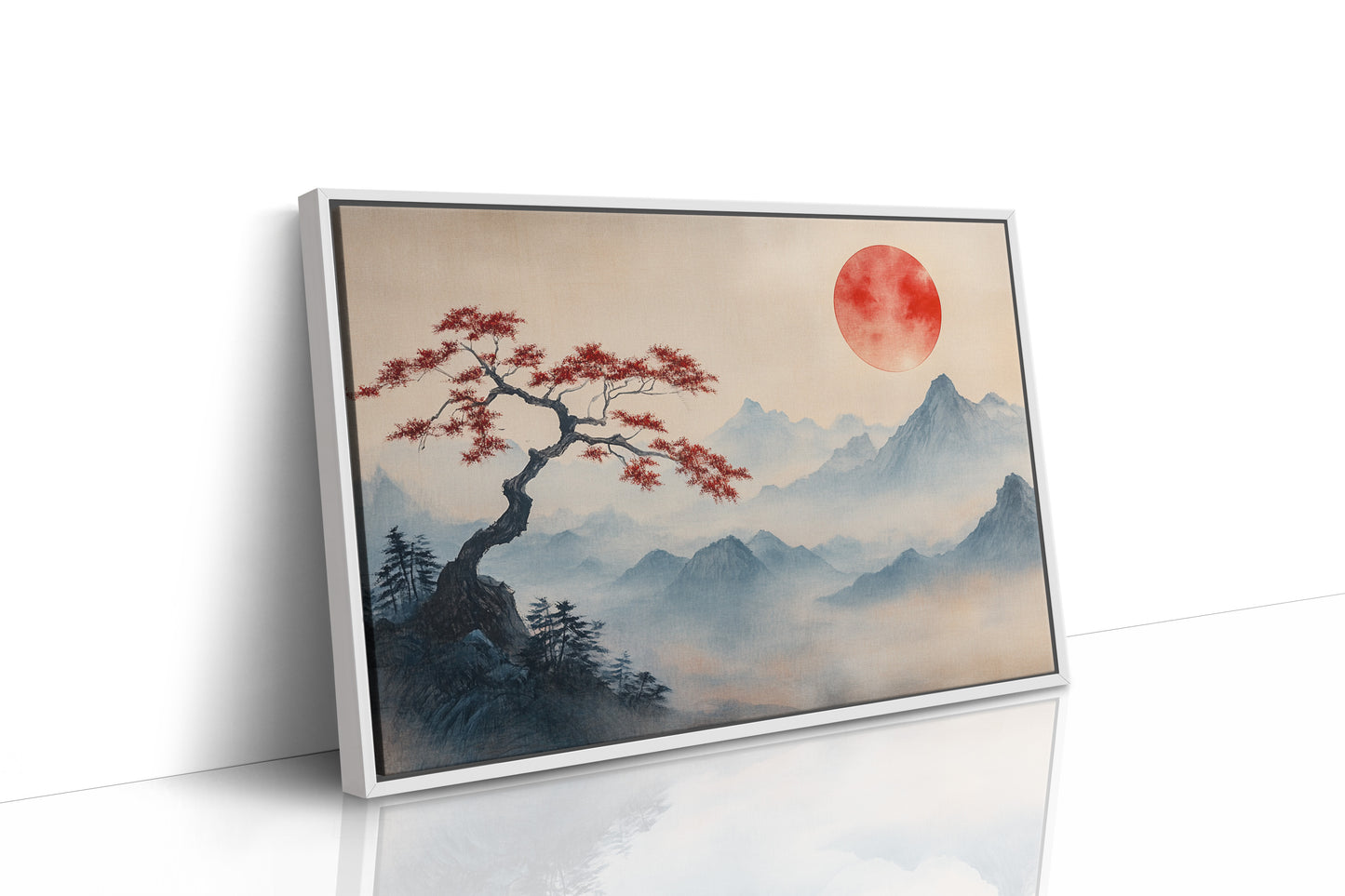 Japanese Landscape Wall Art – Red Sun and Bonsai Mountain Print