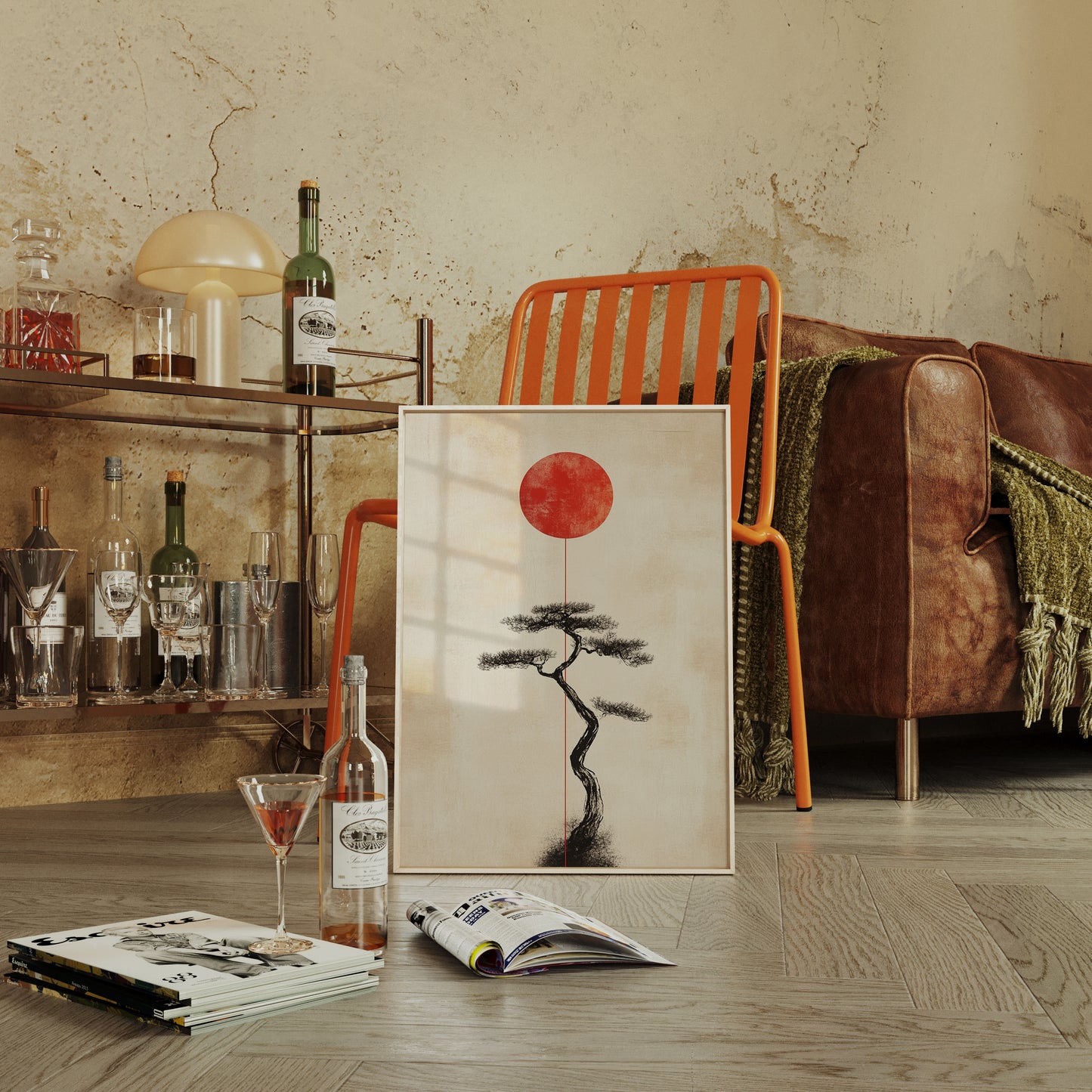 Minimalist Bonsai & Rising Sun – Japanese Zen-Inspired Wall Art