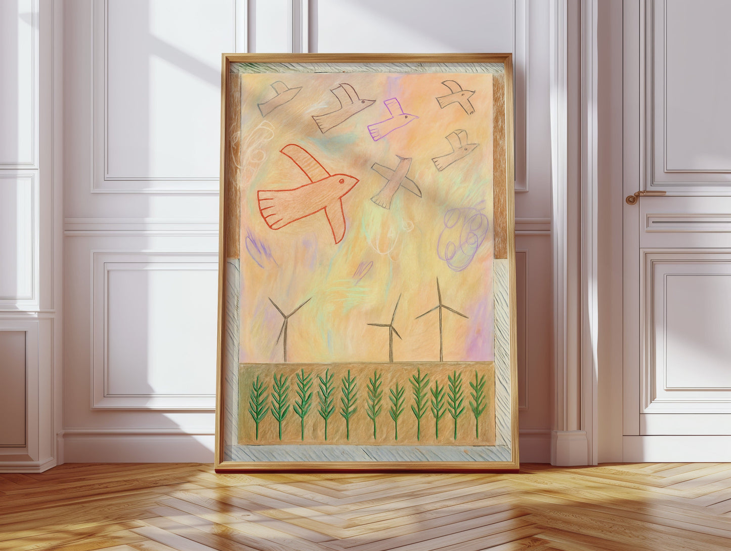 Red Bird Soars Above Wind Fields