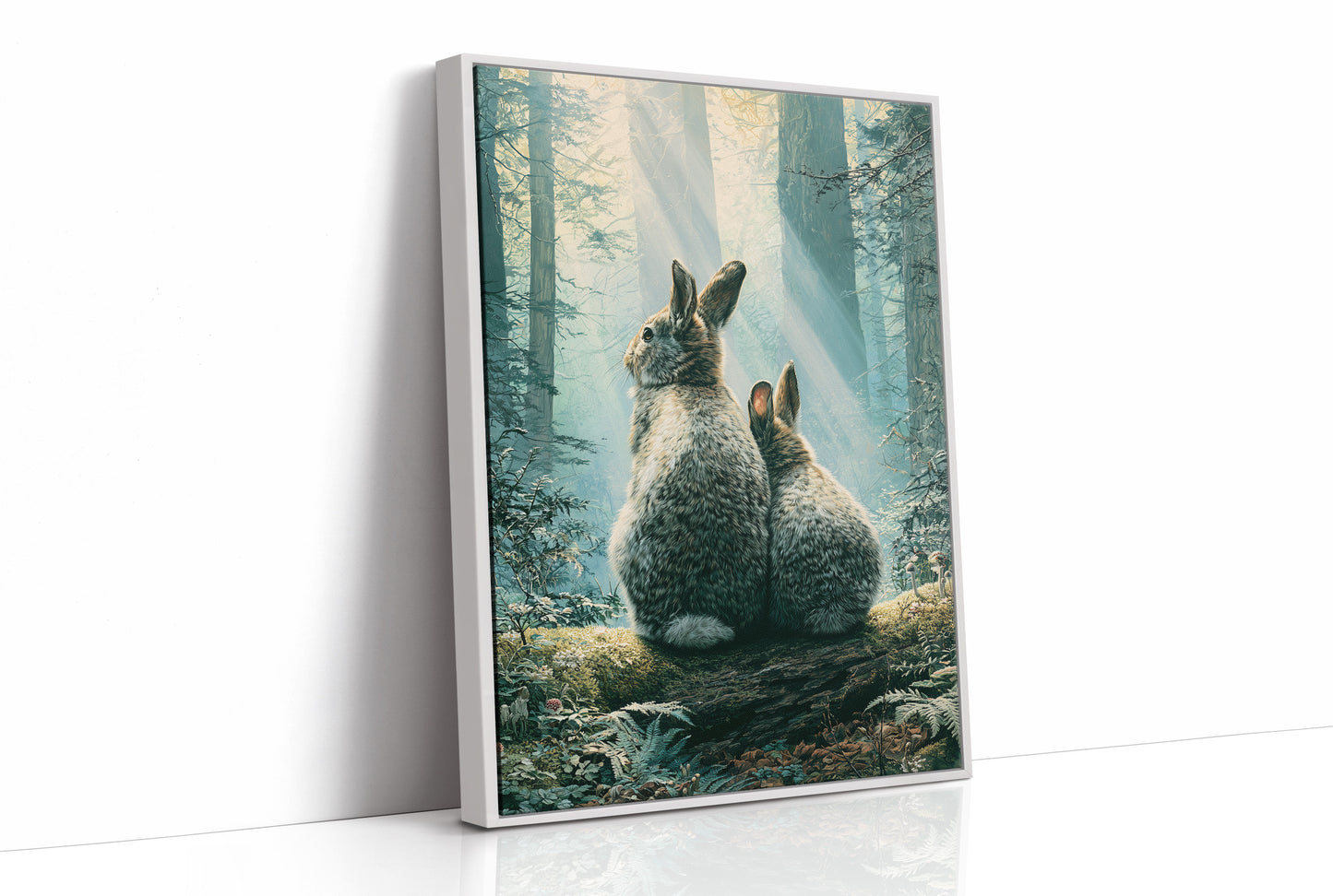 Two Rabbits in Morning Light — Forest Clearing Painting