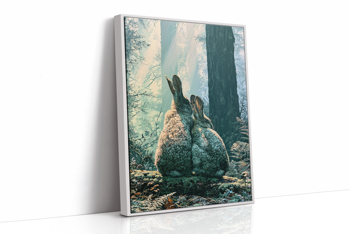 Two Rabbits in Morning Light — Close-Up Forest Painting
