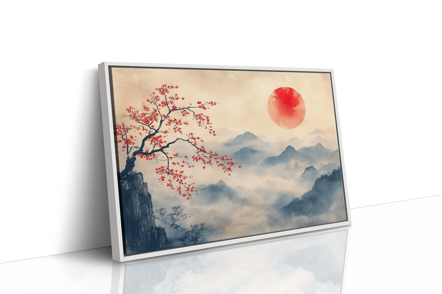 Japanese Red Sun & Misty Mountain Wall Art – Zen Ink Wash Landscape