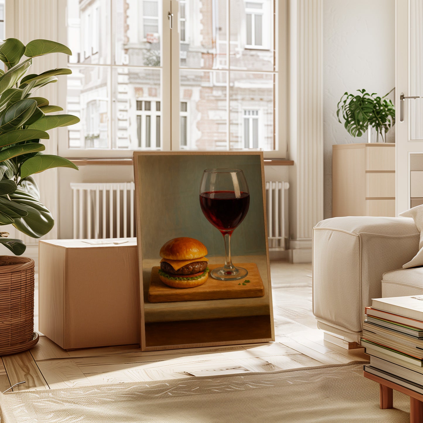 Burger and Bordeaux Still Life