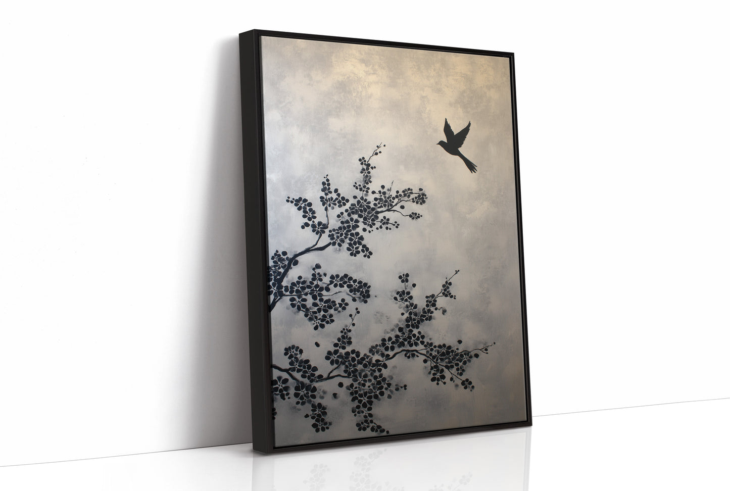 Bird Takes Flight Through Cherry Blooms