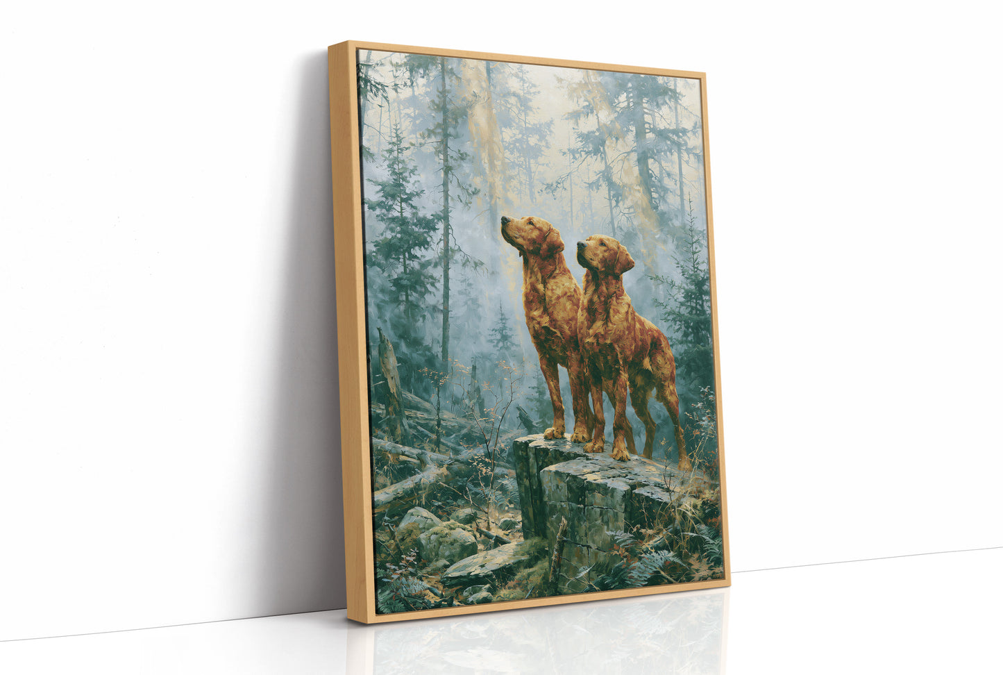Retrievers Gazing Skyward in the Blue Forest