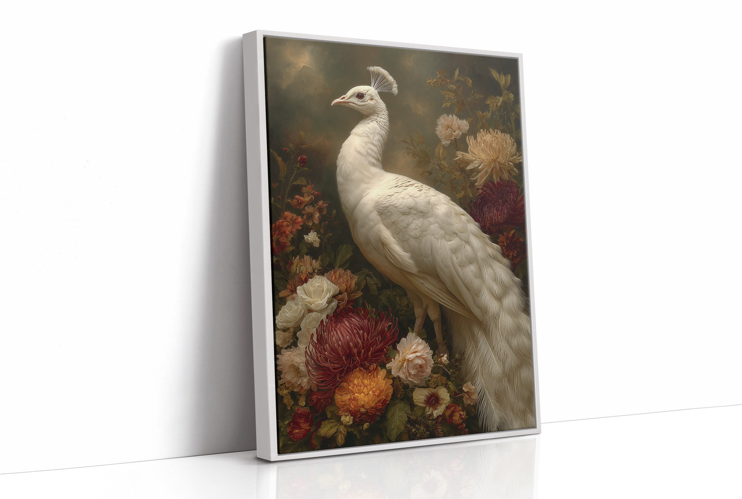 White Peacock Among Blooming Peonies