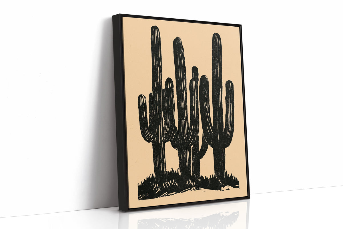 Saguaros in Silhouette, Block Print Style