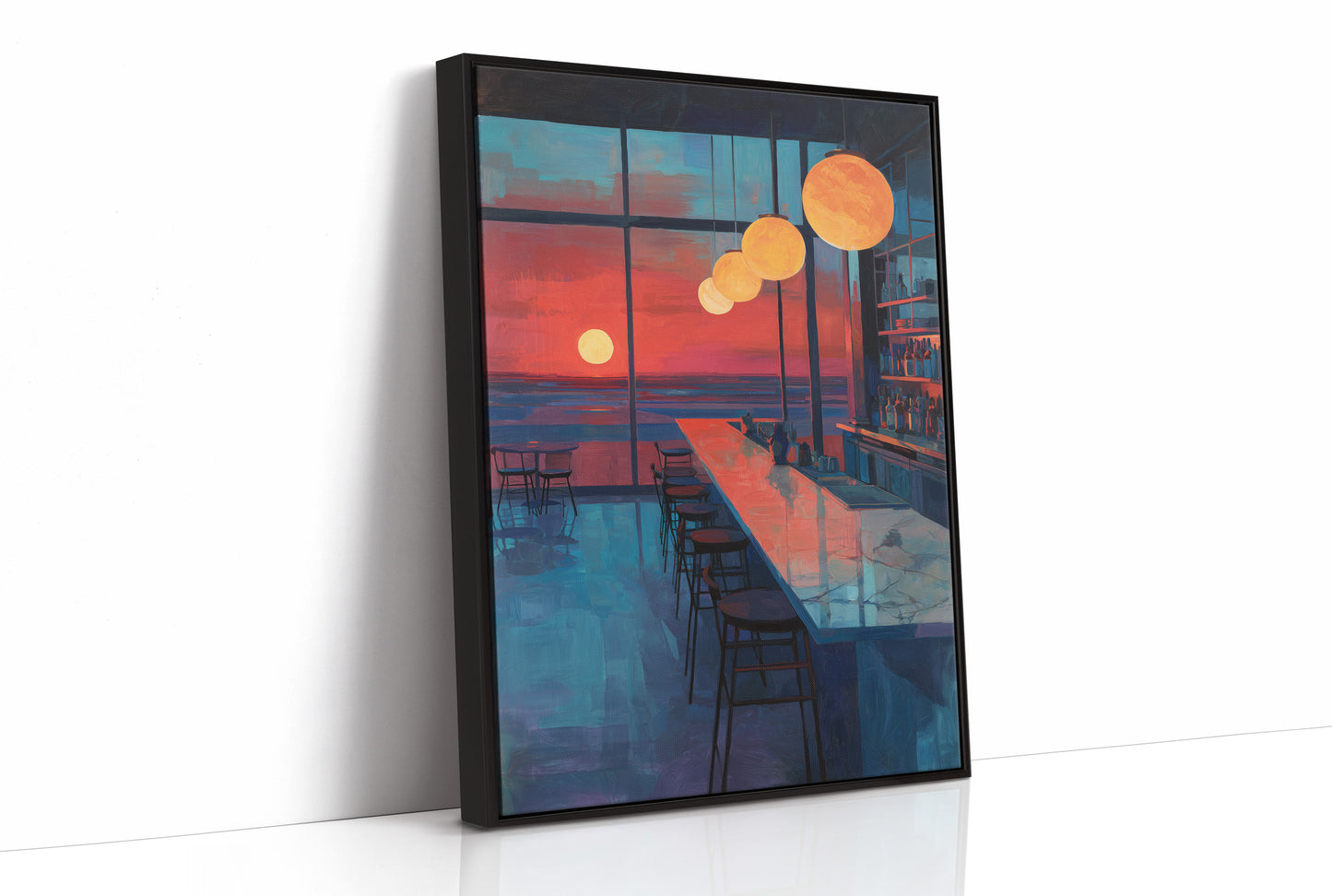 Lanterns Float Above Empty Barstools