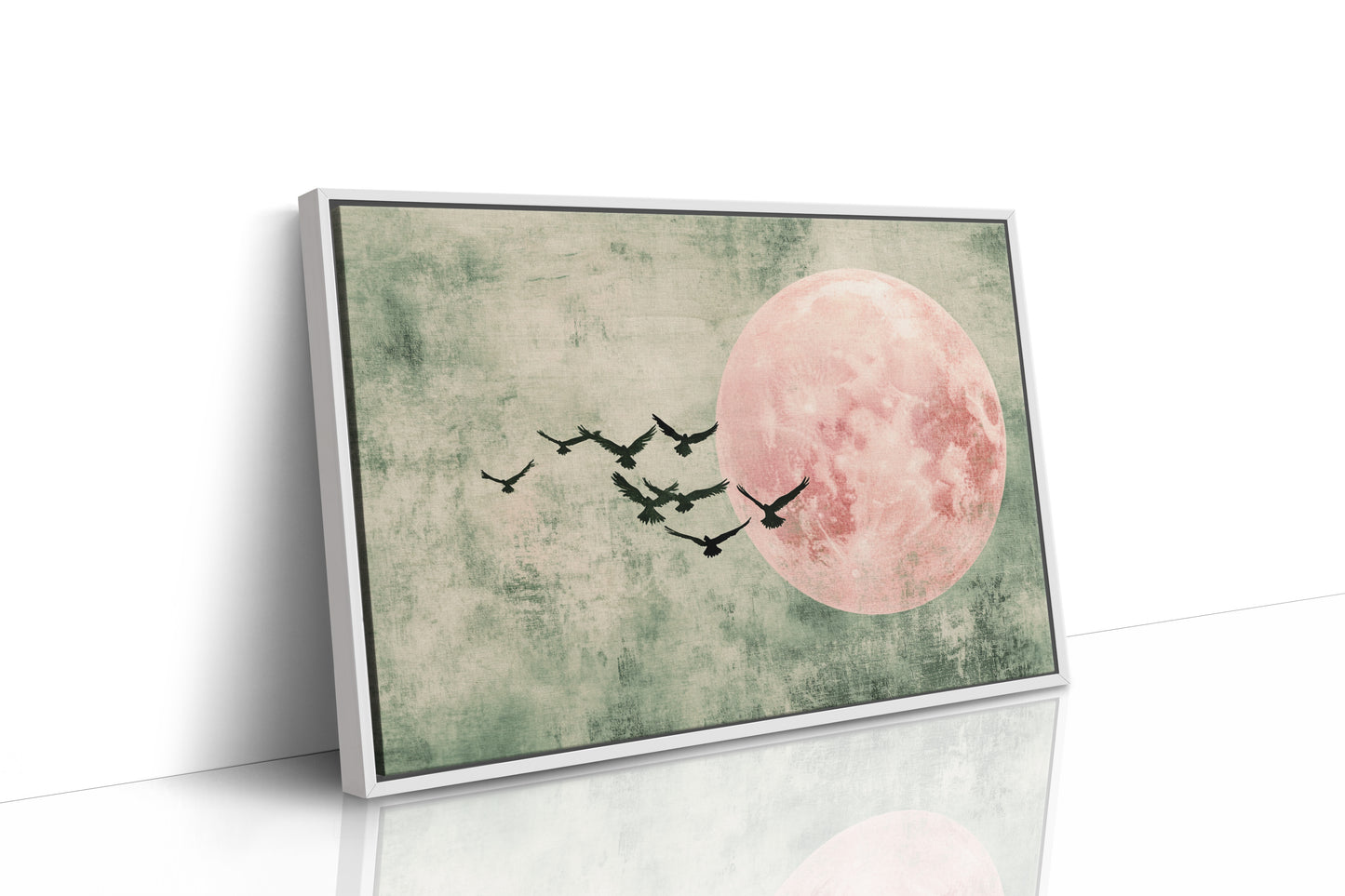 Pink Moon Wall Art – Minimalist Birds in Flight Print