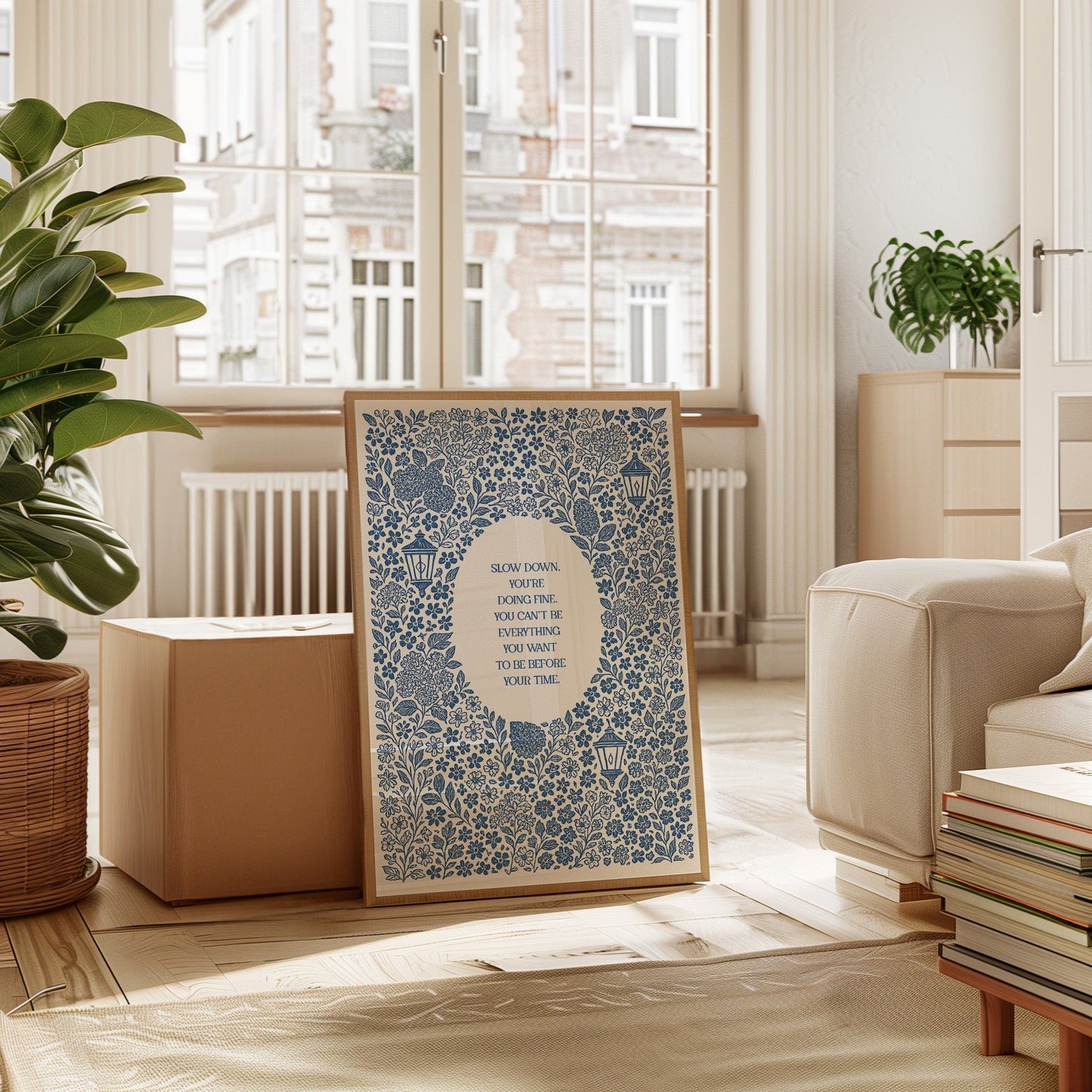 Blue Floral Lantern Quote Print – Slow Down, You’re Doing Fine