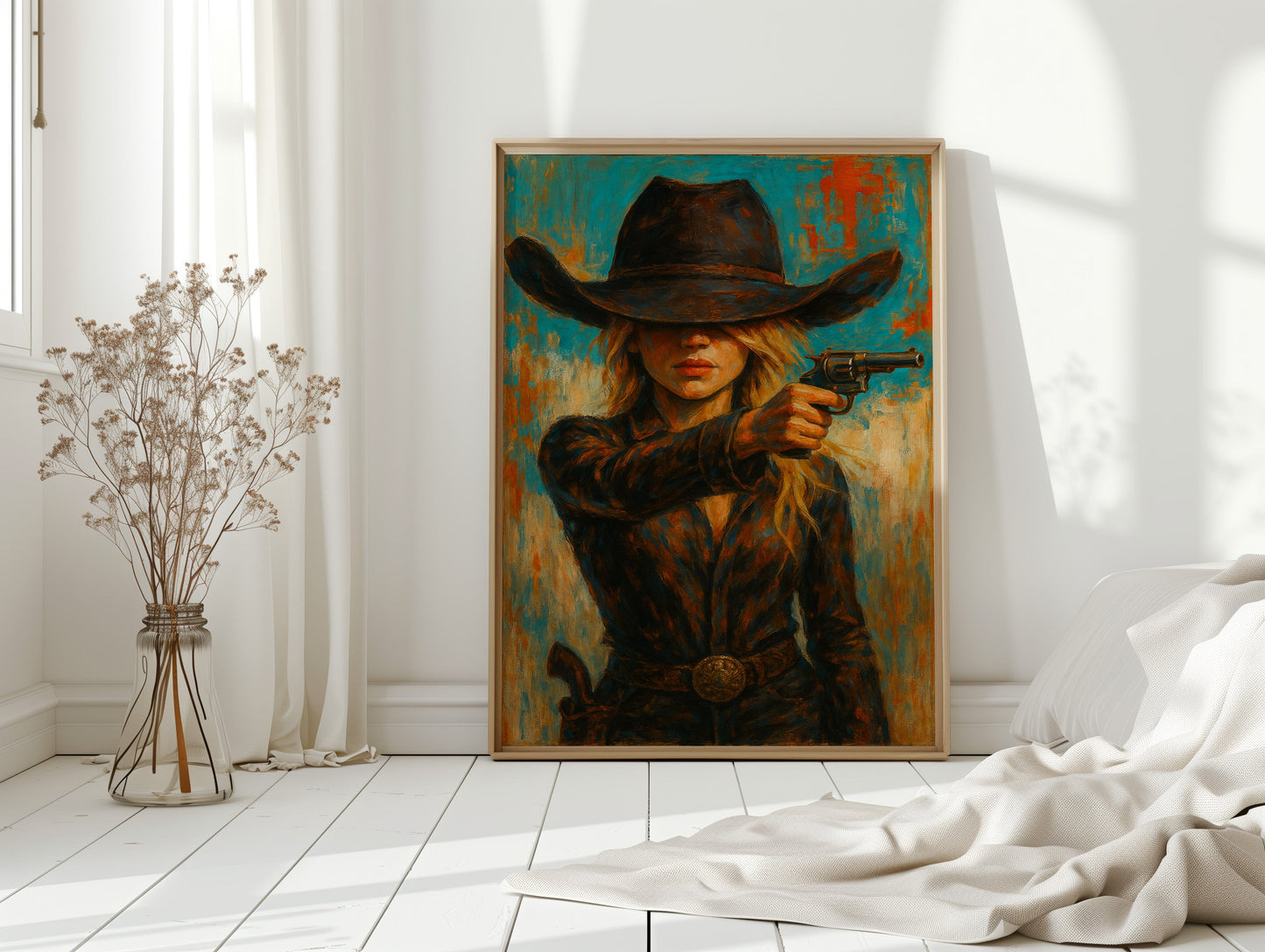 Western Grit: Cowgirl With Revolver Canvas Art