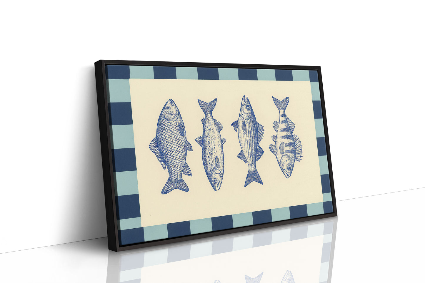 Vintage Fish Quartet on Checkerboard Blue