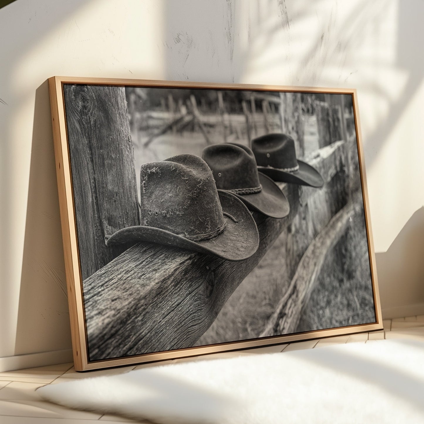 Framed black and white artwork of three cowboy hats on a wooden surface.