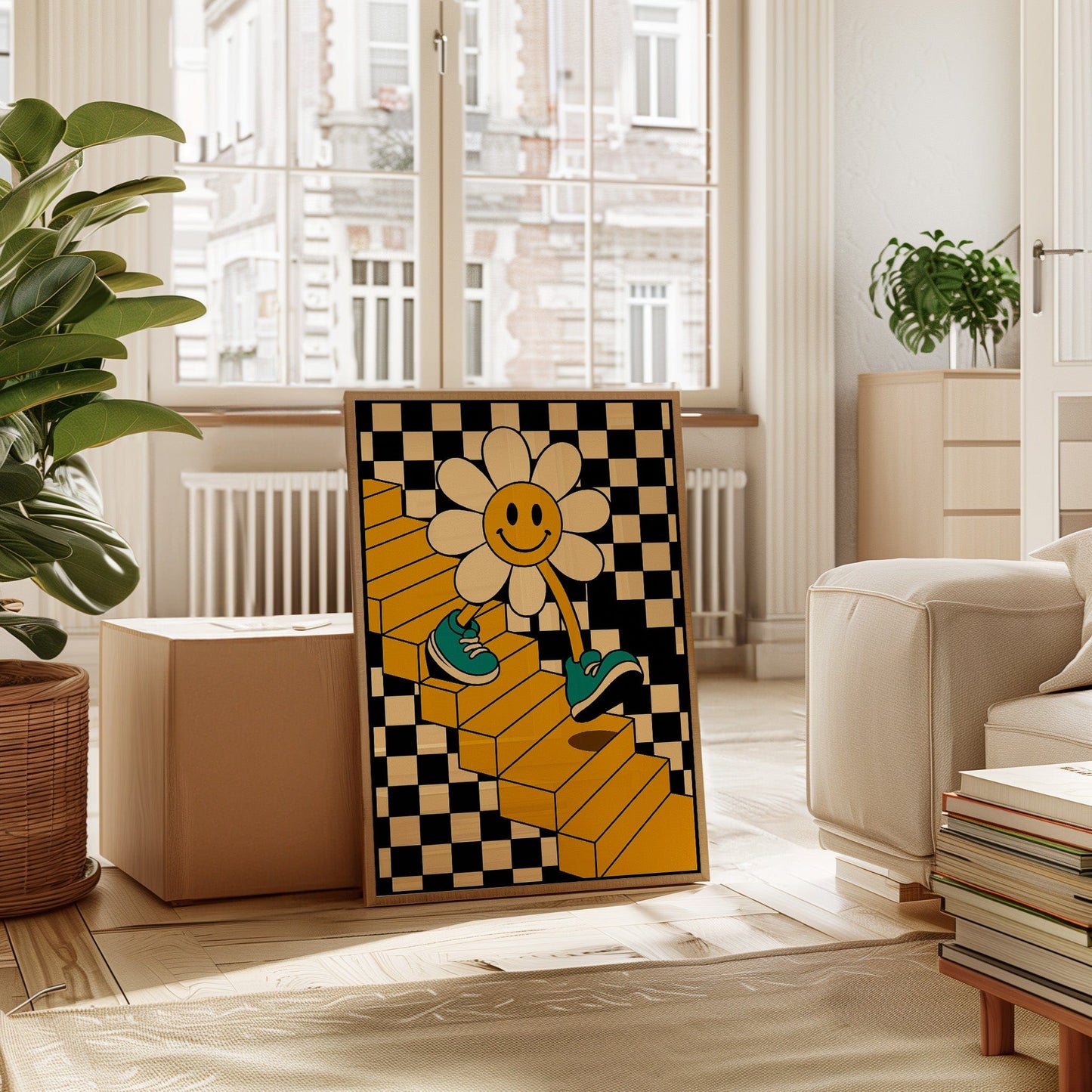 Groovy Daisy Vibes – Retro Checkerboard Flower Print