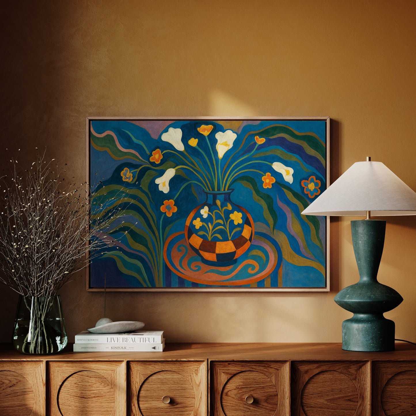 Moonlit Blooms in a Checkered Vase