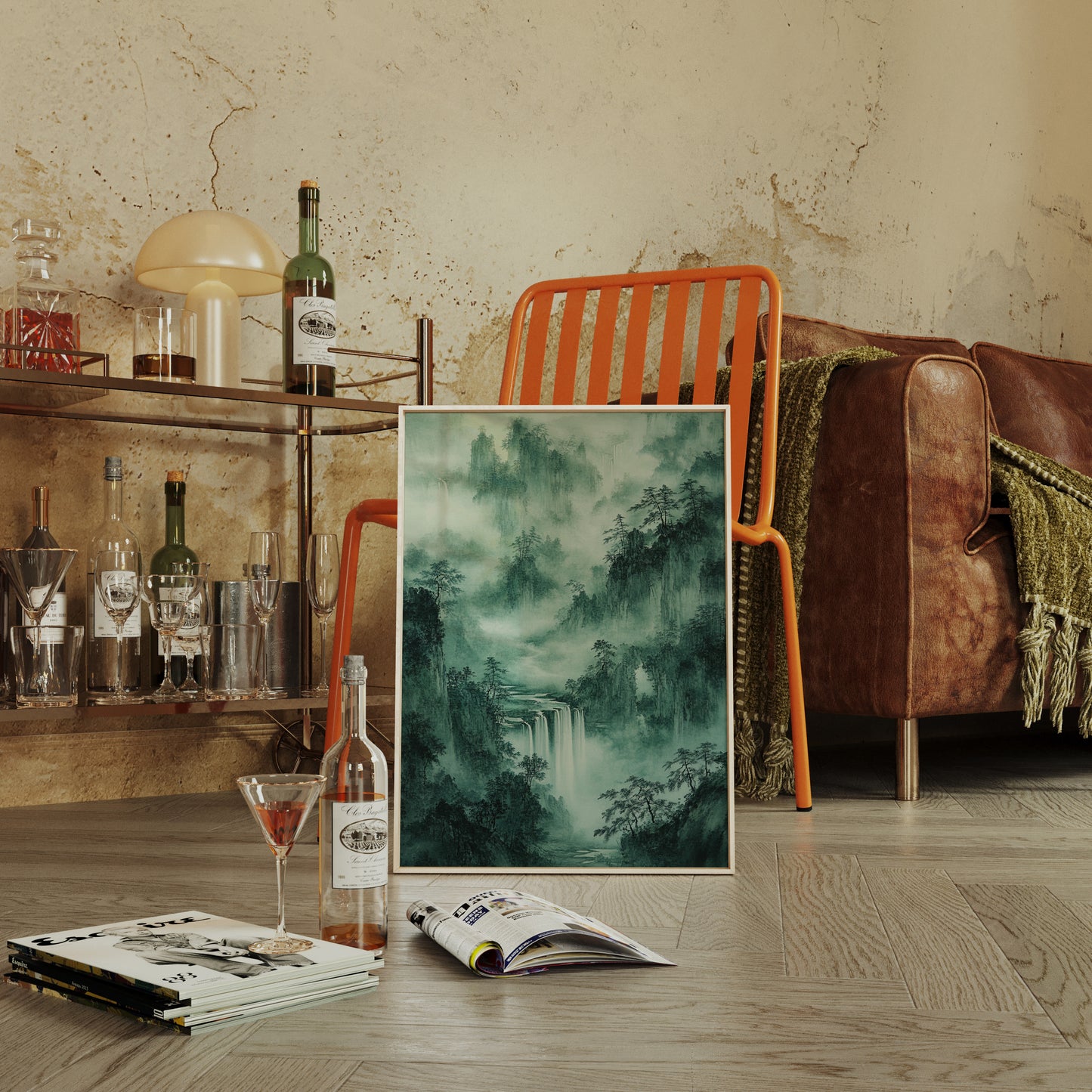 Serene Waterfall Landscape – Traditional Japanese Ink Wash Painting