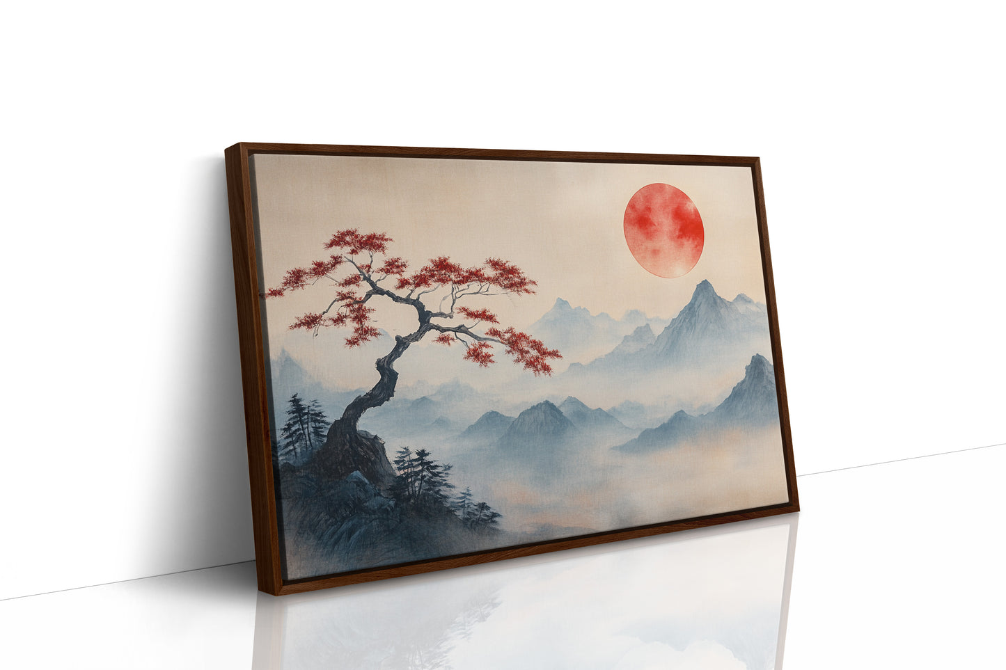 Japanese Landscape Wall Art – Red Sun and Bonsai Mountain Print
