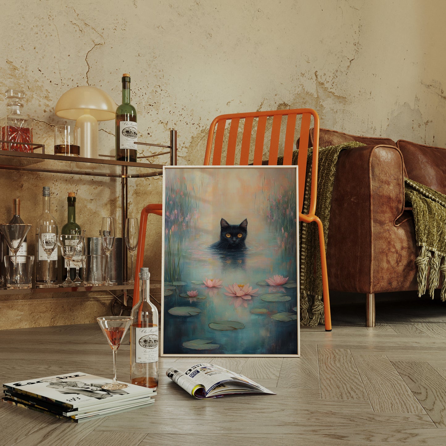 Mystical Black Cat in Water – Dreamy Water Lily Painting