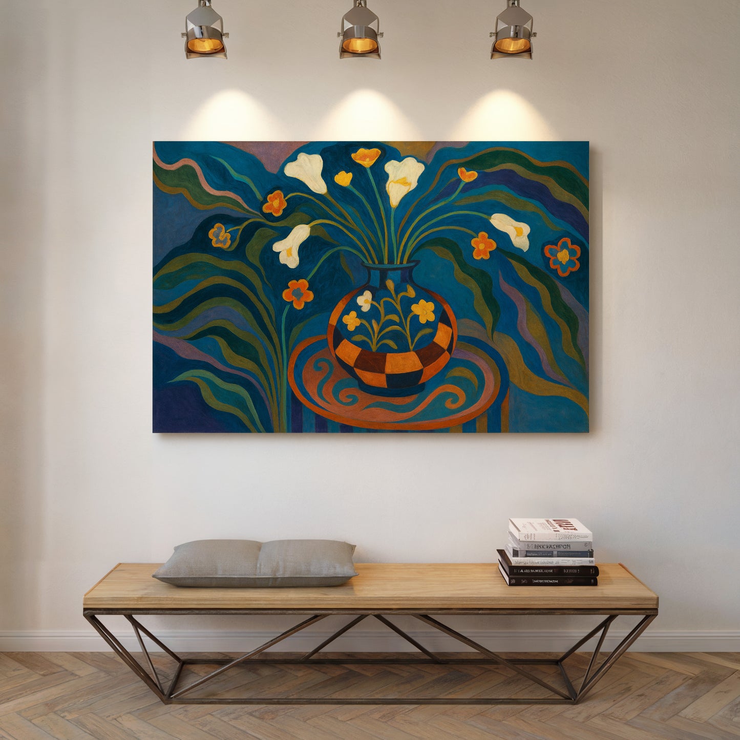 Moonlit Blooms in a Checkered Vase