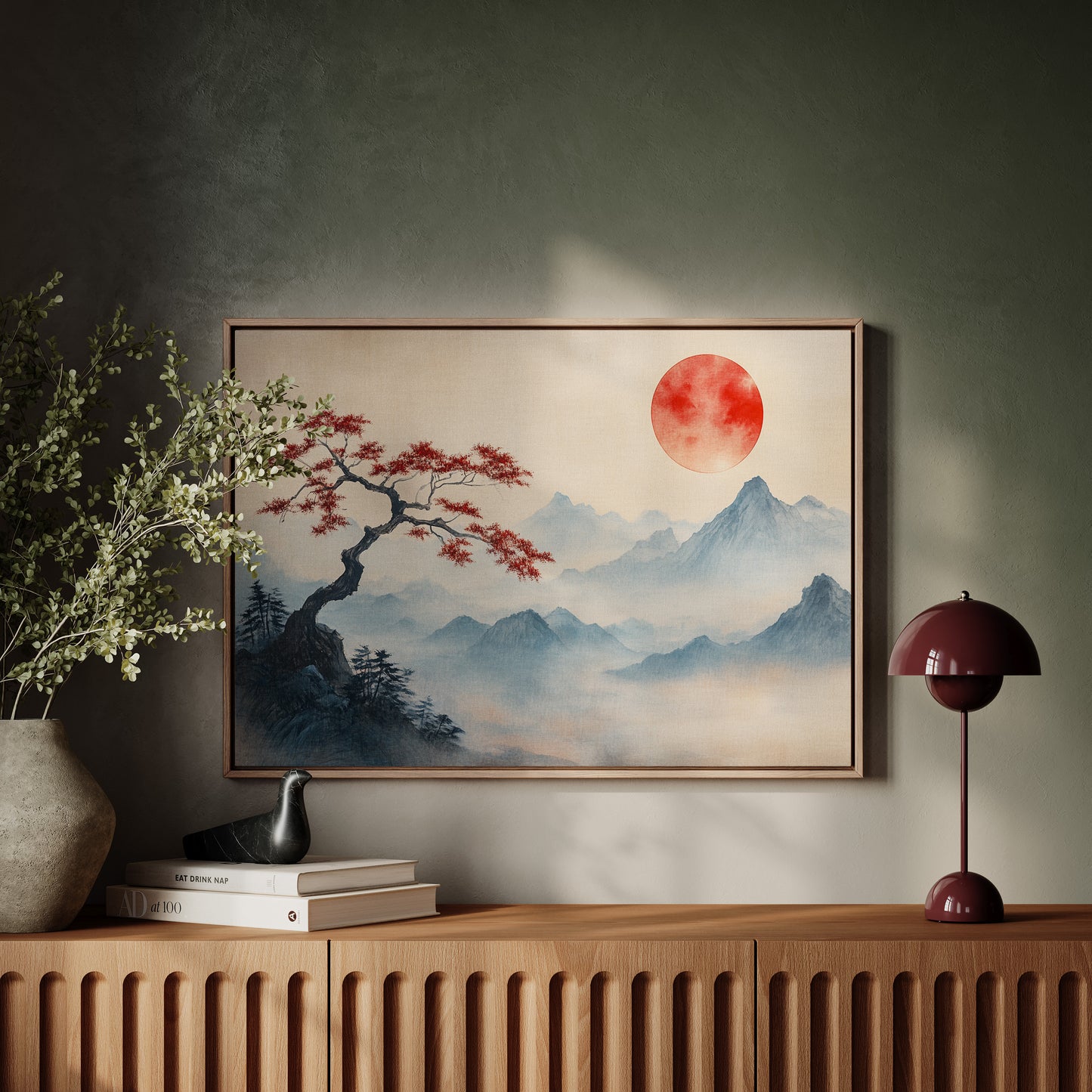 Japanese Landscape Wall Art – Red Sun and Bonsai Mountain Print