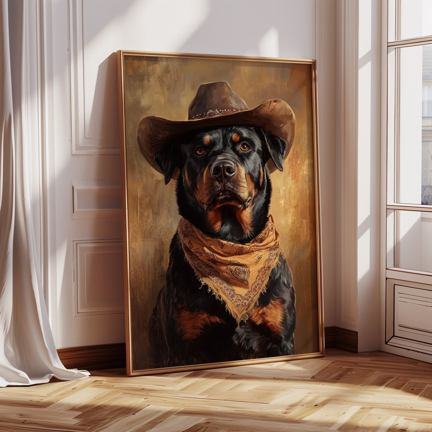 Western Cowboy Rottweiler Print – Rustic Wild West Dog Art