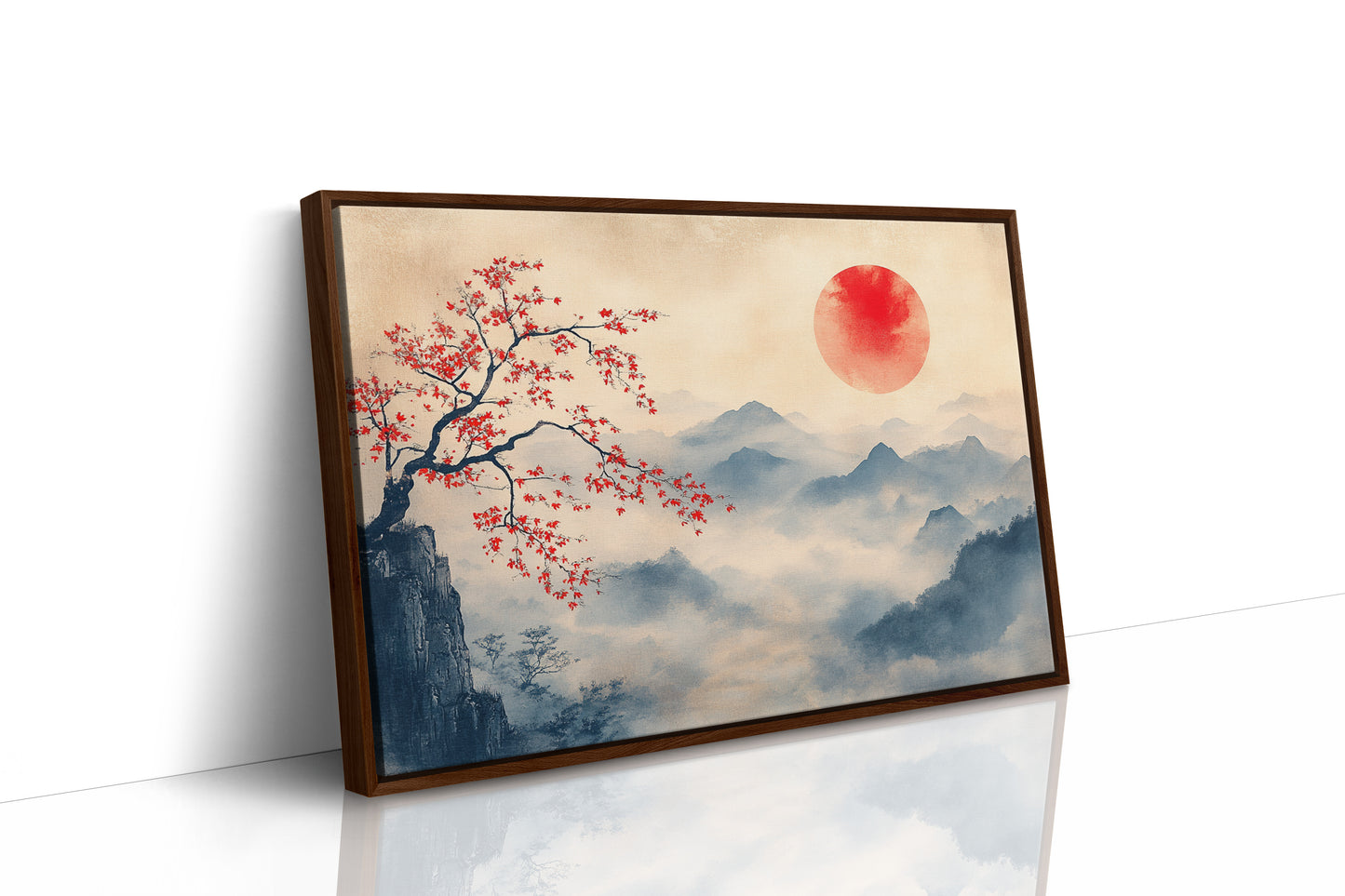 Japanese Red Sun & Misty Mountain Wall Art – Zen Ink Wash Landscape