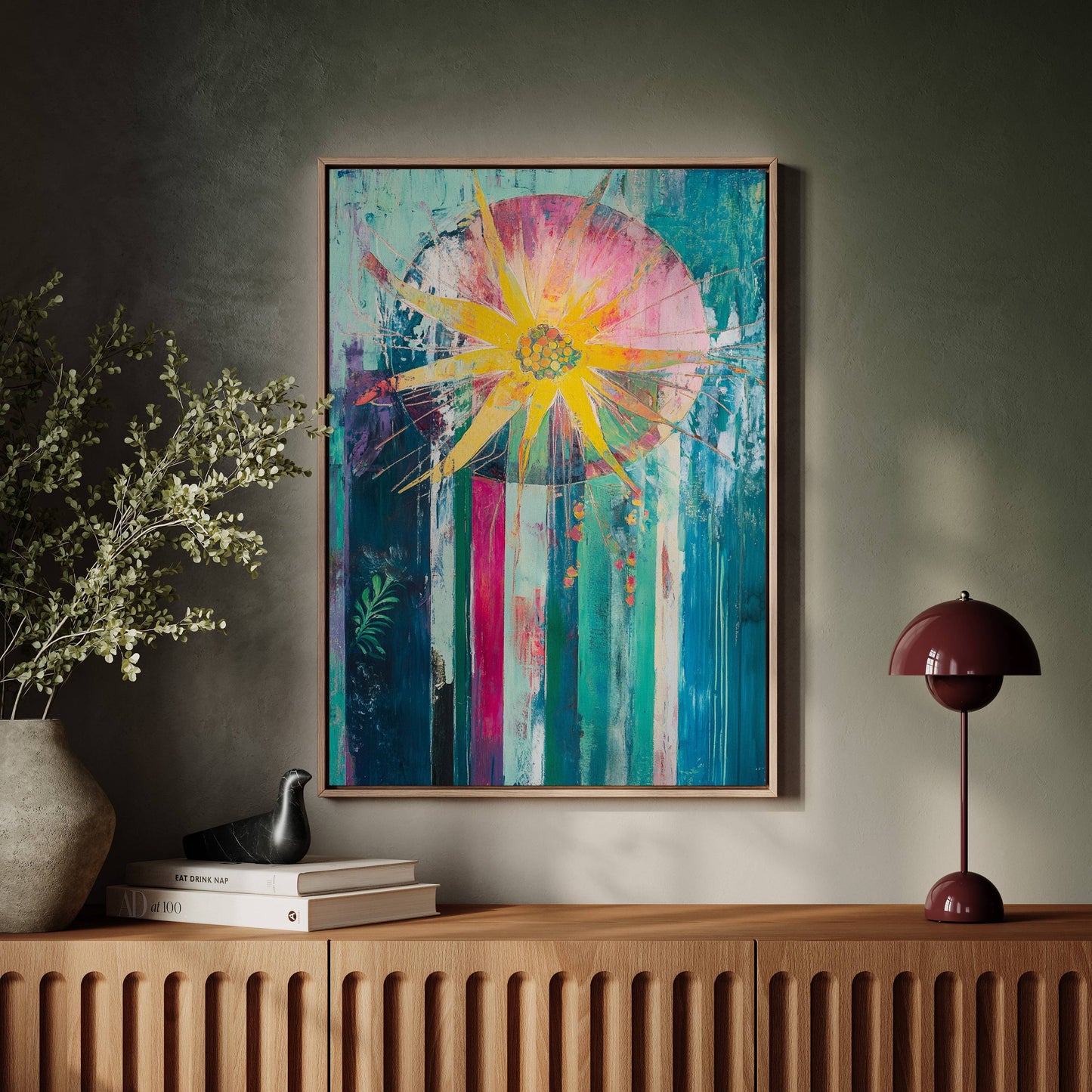 Sunflower Bursts Through Turquoise Rain