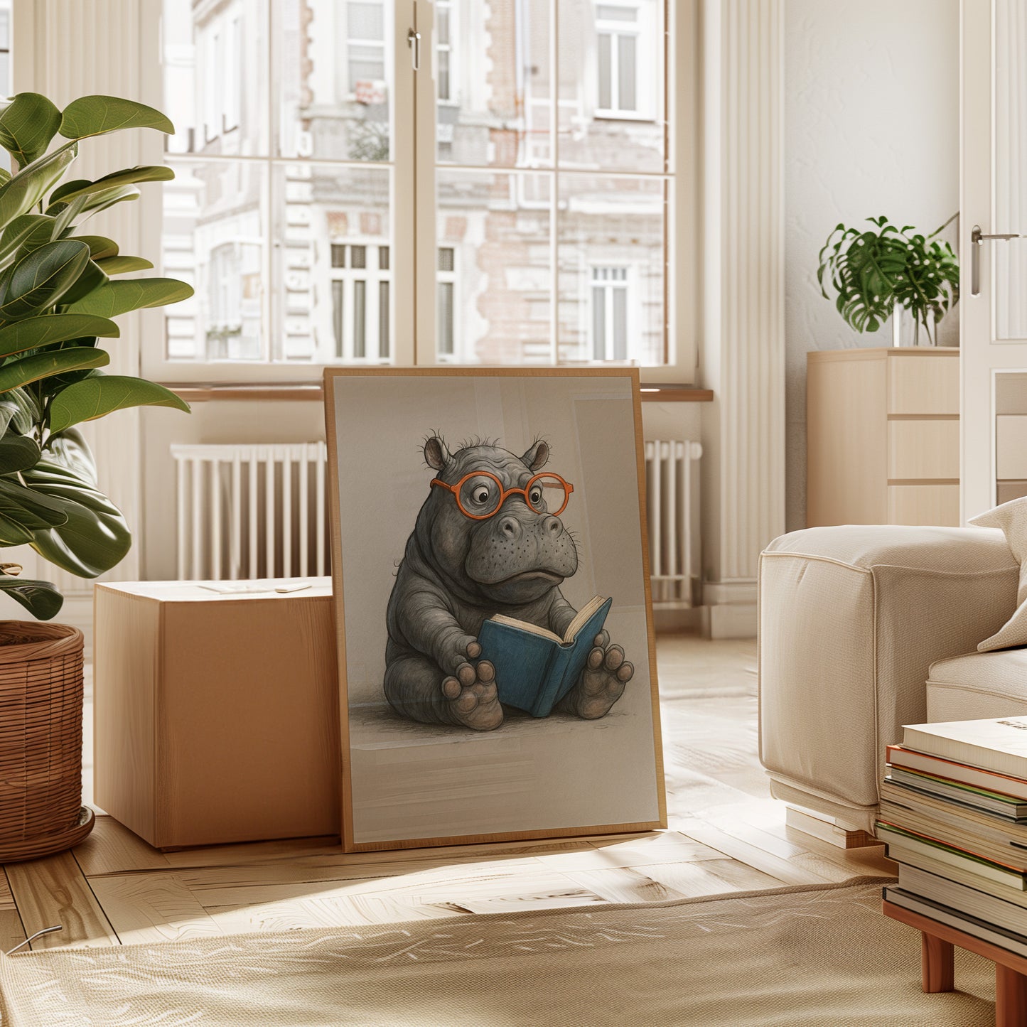 Baby Hippo Reading with Glasses