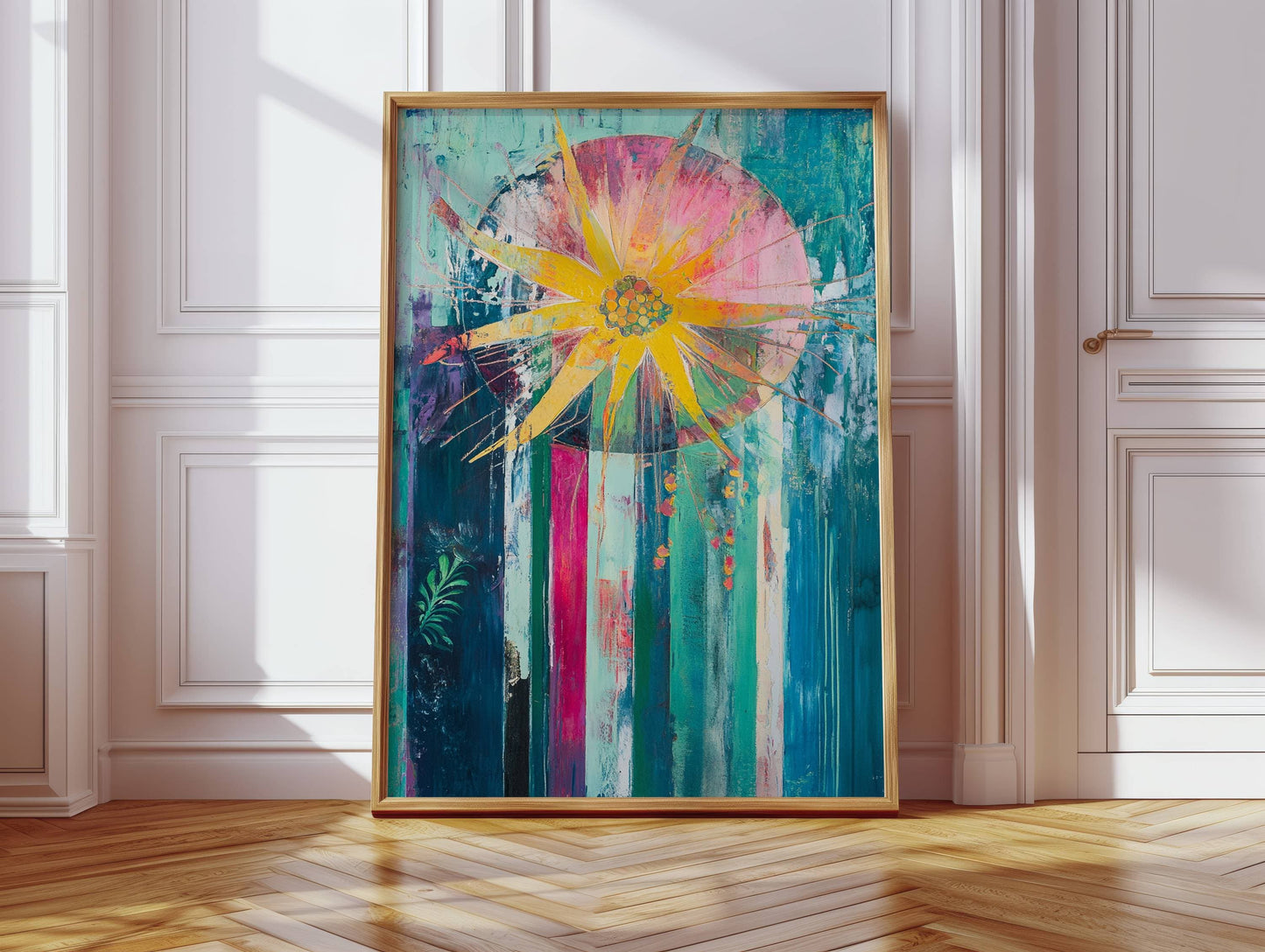 Sunflower Bursts Through Turquoise Rain