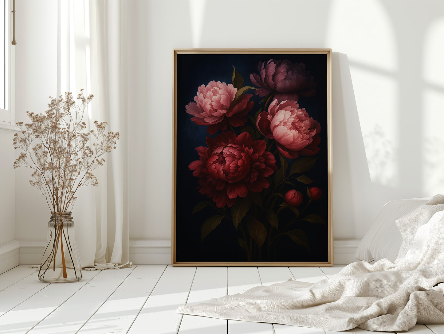 Crimson Peonies in Midnight Bloom